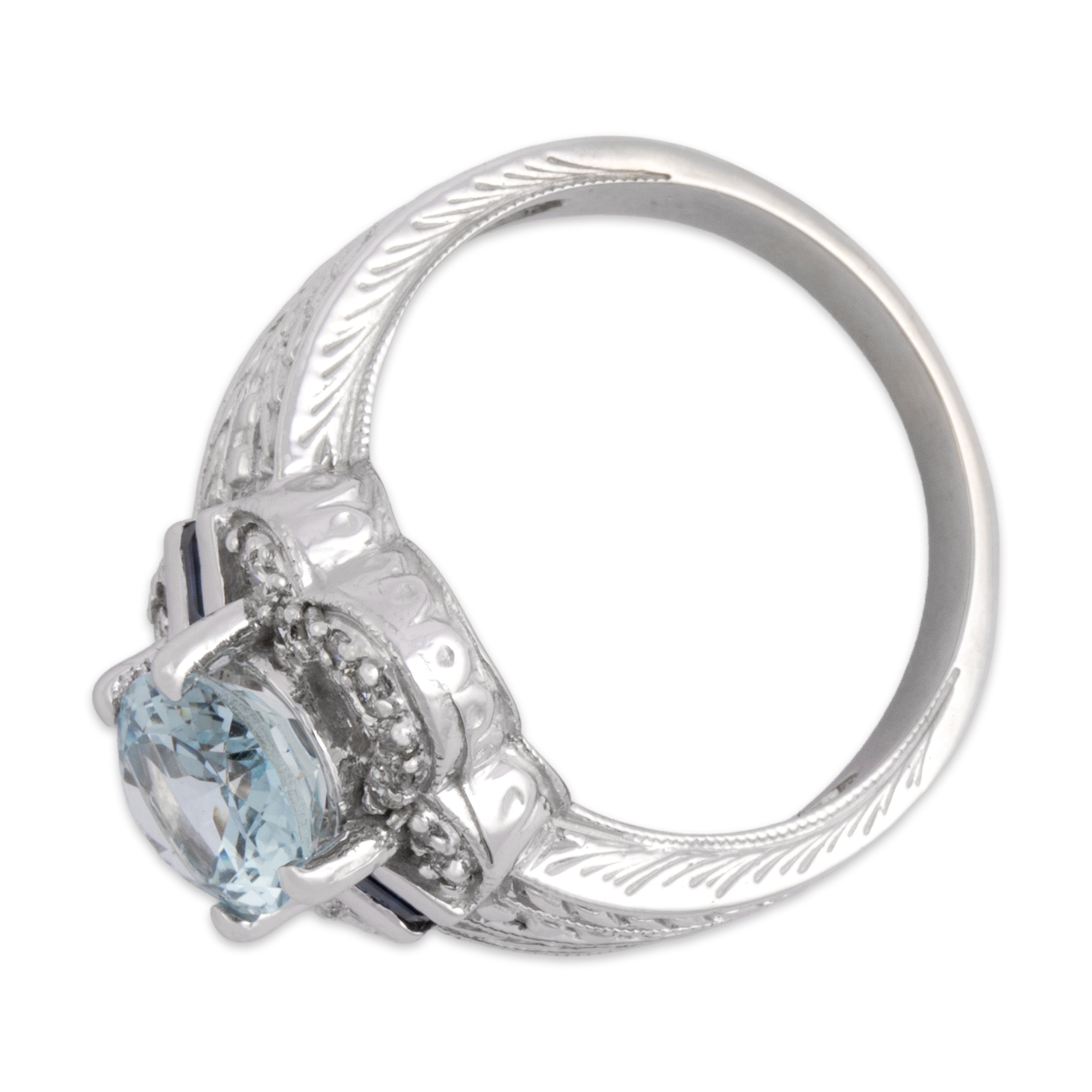 Vintage 14k White Gold 1.57ct Aquamarine Diamond Blue Sapphire Ornate Scallop Detail Ring - Overall view