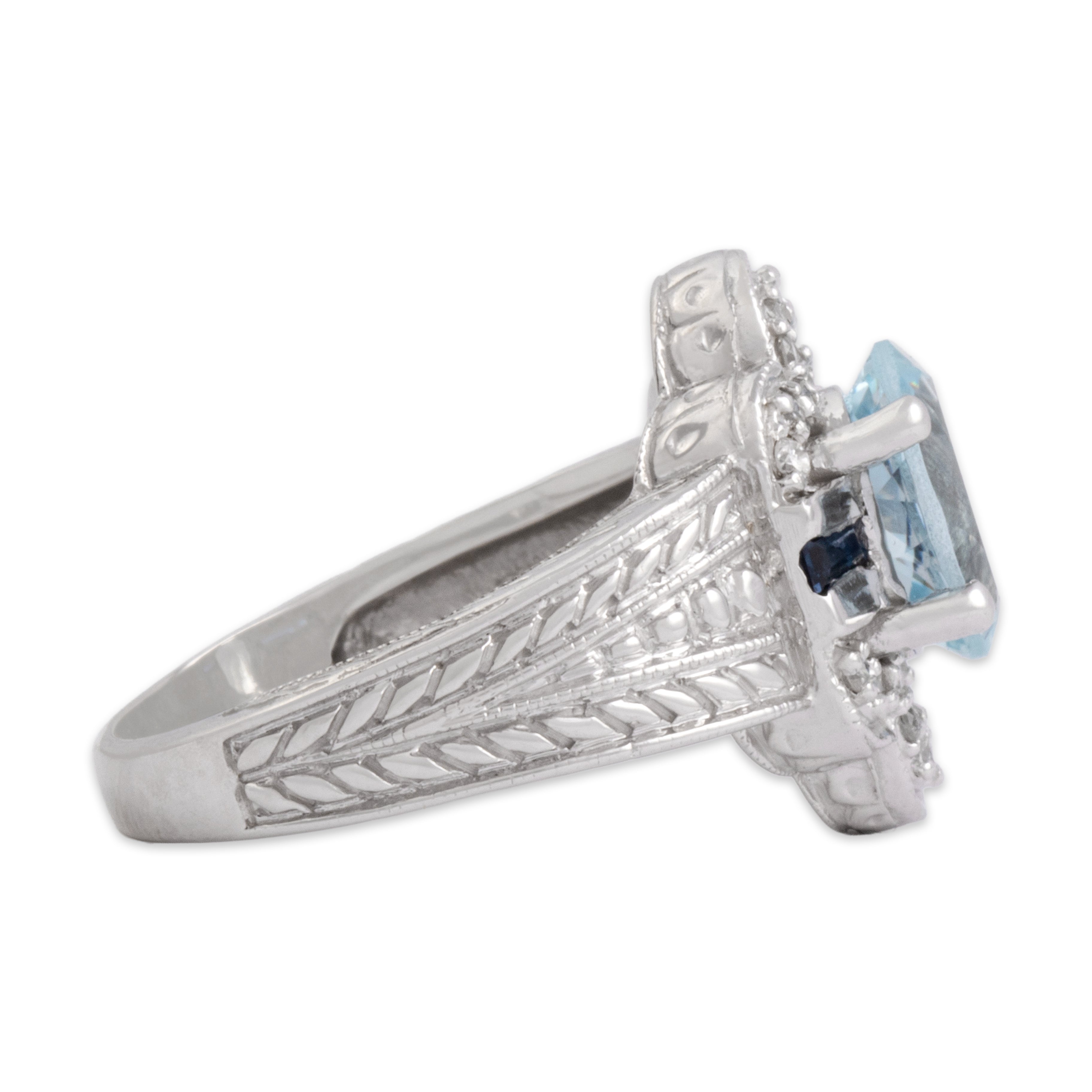 Vintage 14k White Gold 1.57ct Aquamarine Diamond Blue Sapphire Ornate Scallop Detail Ring - Side view