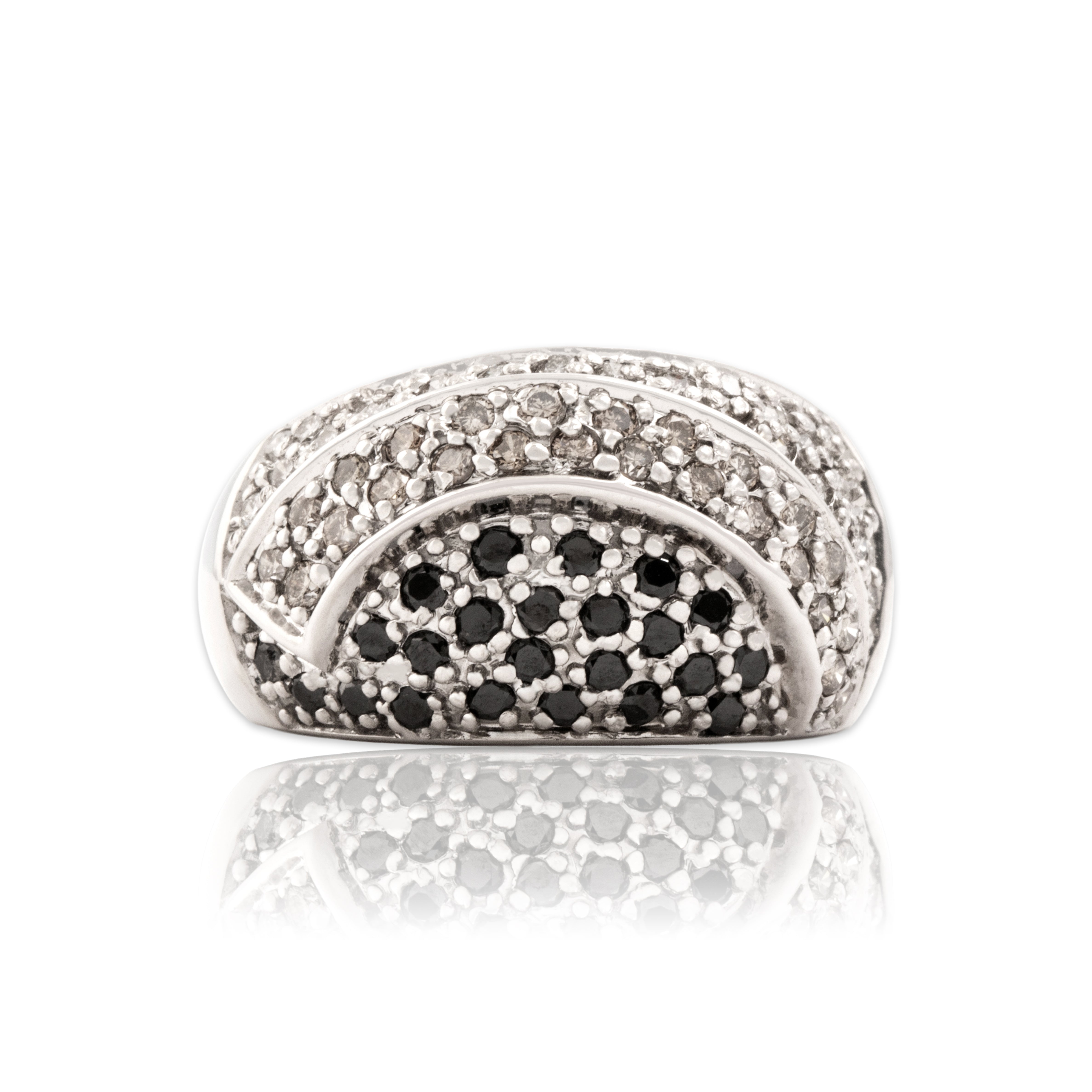Vintage 14k White Gold White Diamond Champagne Diamond Black Diamond Wide Pavã© Swoop Band Ring - Close-up view