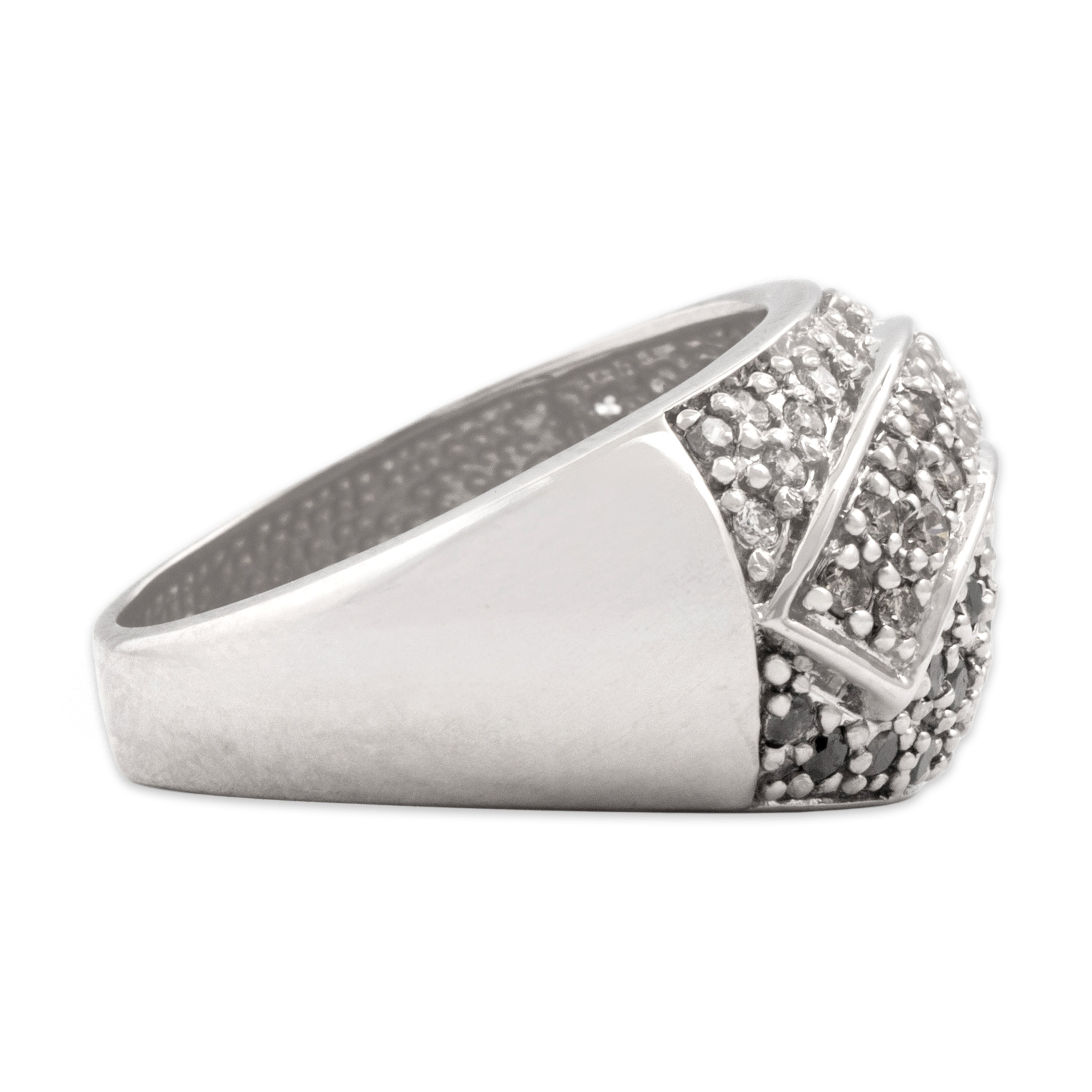 Vintage 14k White Gold White Diamond Champagne Diamond Black Diamond Wide Pavã© Swoop Band Ring - Side view