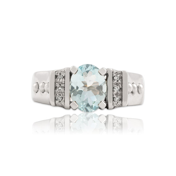 Vintage 14k White Gold 1.38ct Aquamarine Diamond Ornate Architectural Ring 8.00