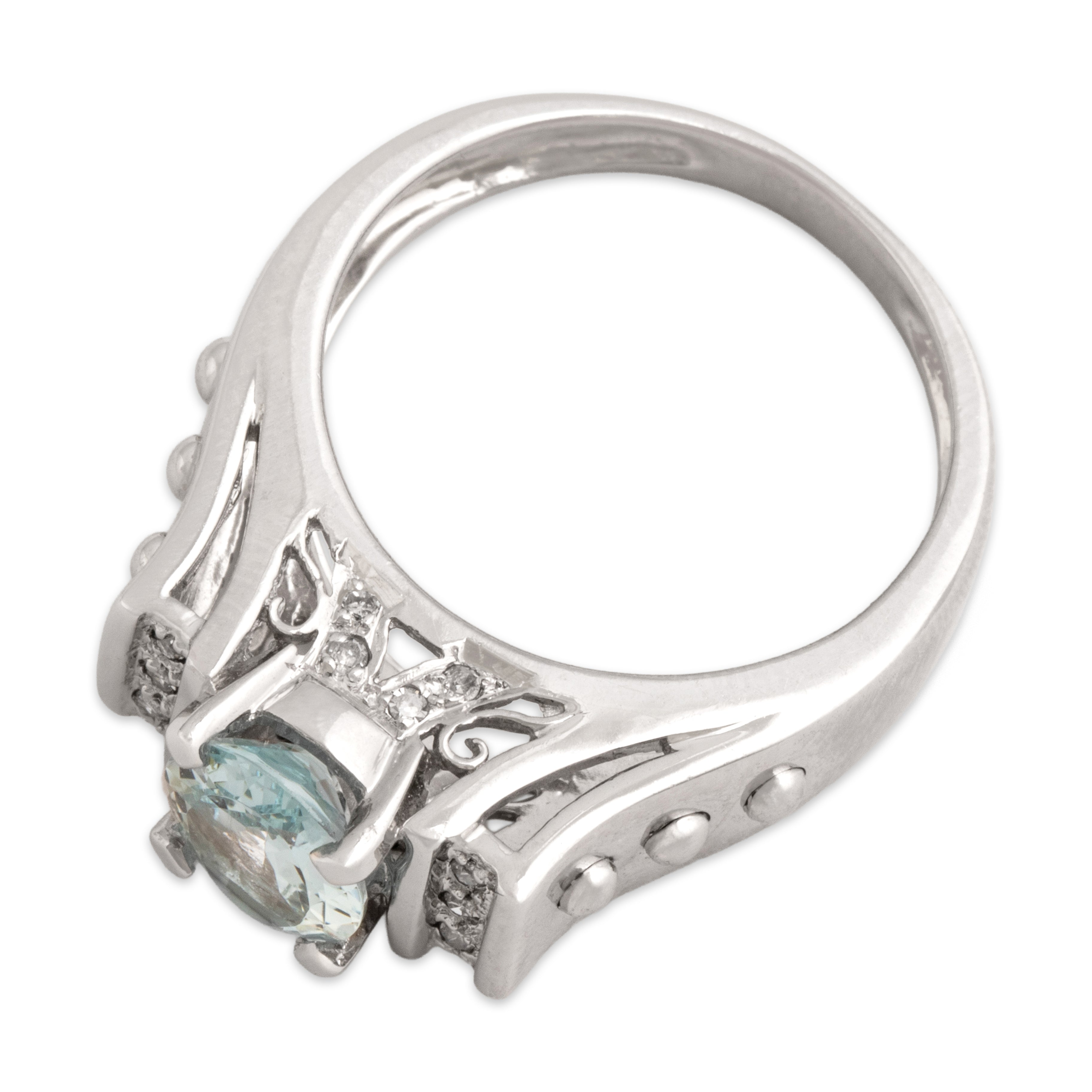Vintage 14k White Gold 1.38ct Aquamarine Diamond Tall Ornate Architectural Ring - Overall view