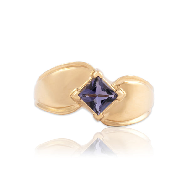 Vintage 14k Yellow Gold Iolite Gleaming Bypass Square Ring 8.00