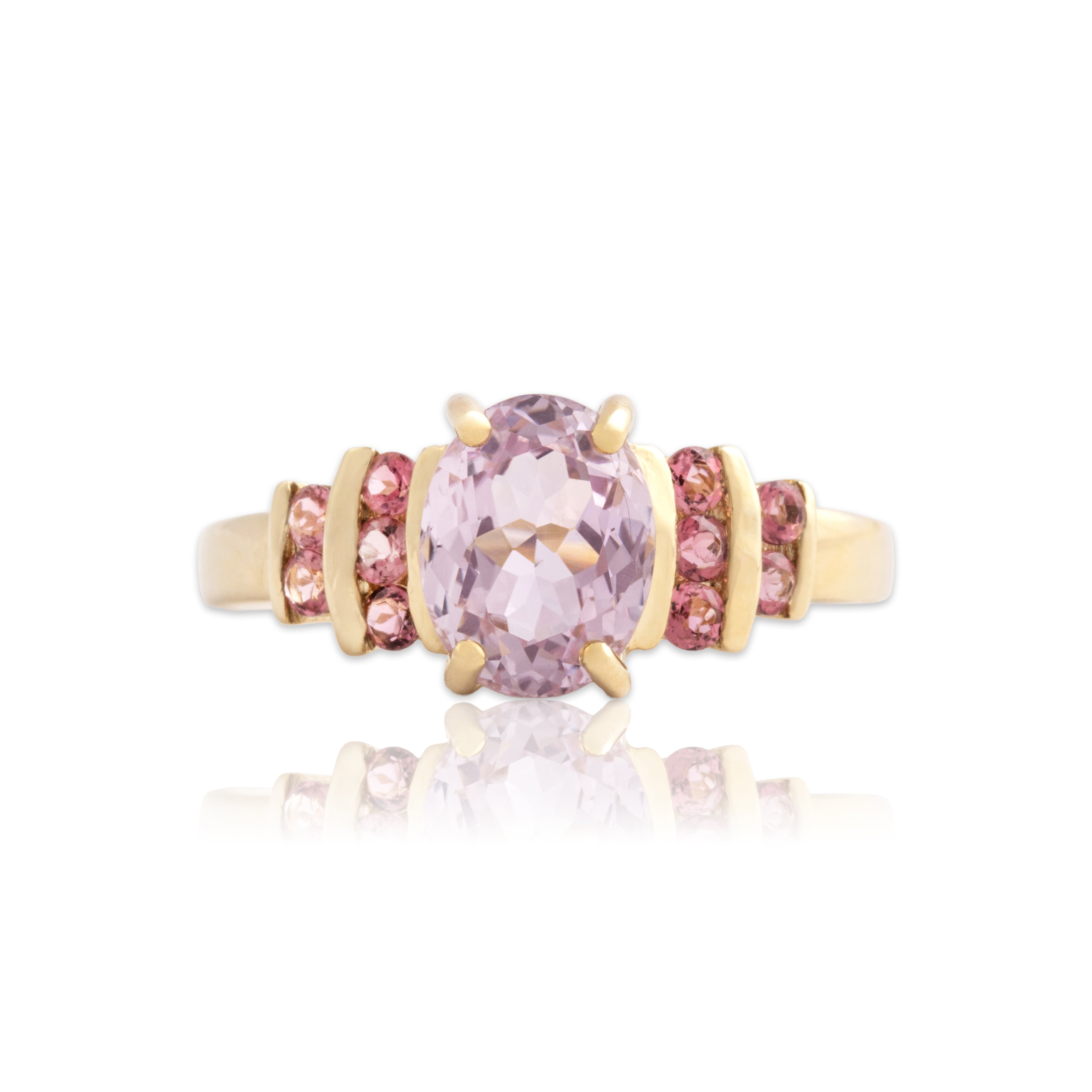Vintage 14k Yellow Gold 2.01ct Kunzite Pink Tourmaline Fabulous Channel Shoulder Ring - Close-up view