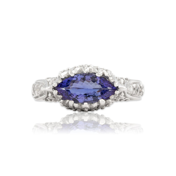 Vintage 14k White Gold 1.1ct Tanzanite .55cttw Diamond Detail East-West Ring 7.00