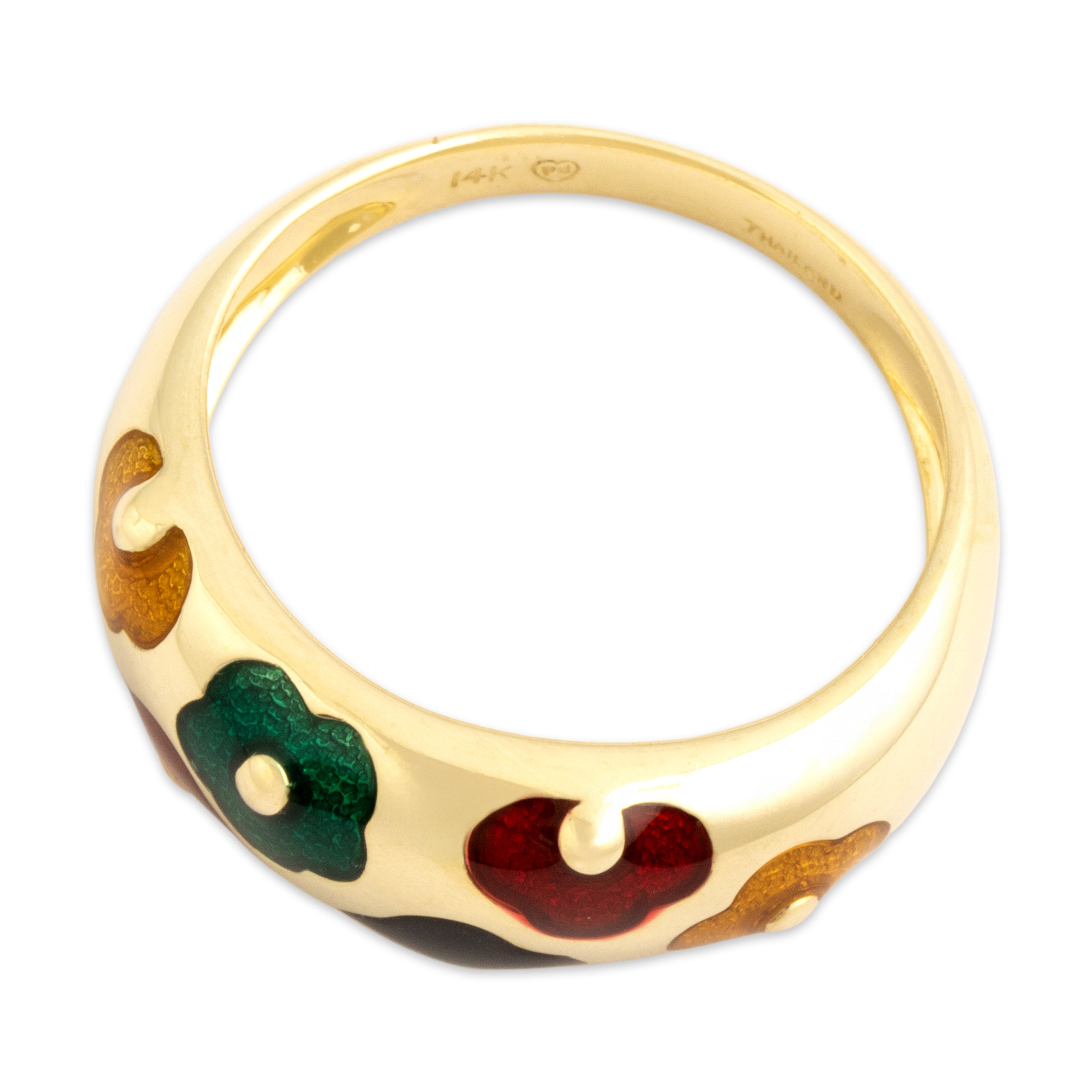 Vintage 14k Yellow Gold Groovy Enamel Flower Band Ring - Overall view
