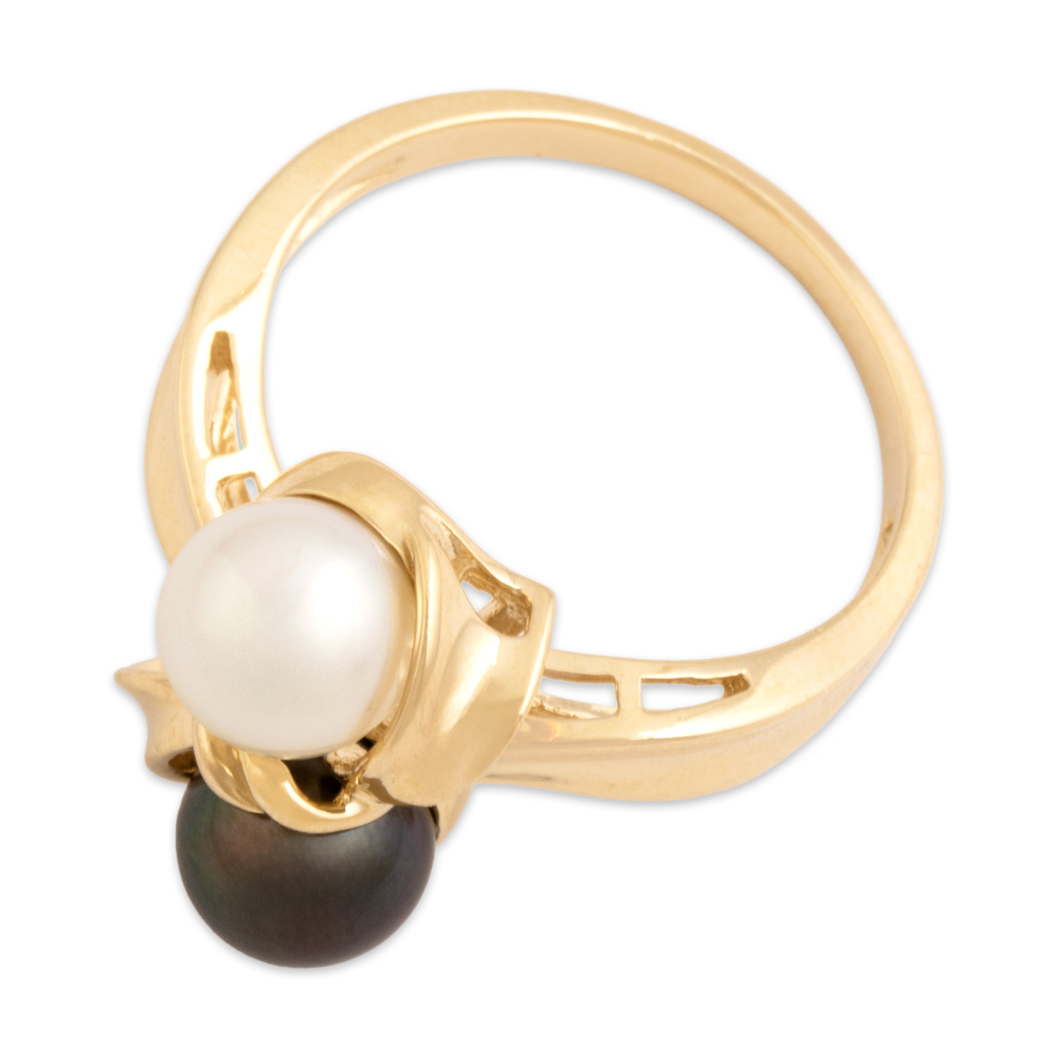 Vintage 14k Yellow Gold Tahitian Pearl Ribbon Adorned Duo Ring - Overall view