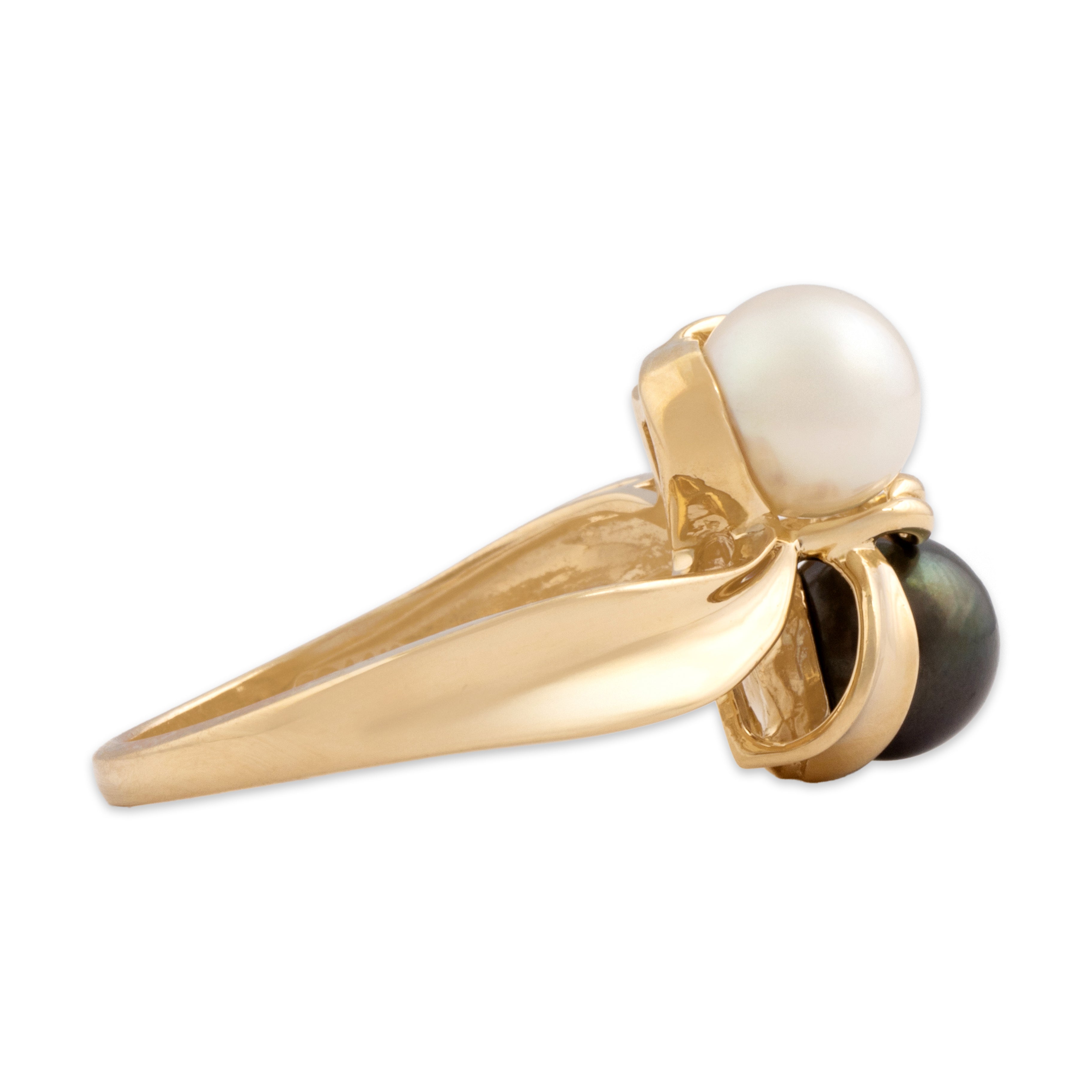 Vintage 14k Yellow Gold Tahitian Pearl Ribbon Adorned Duo Ring - Side view
