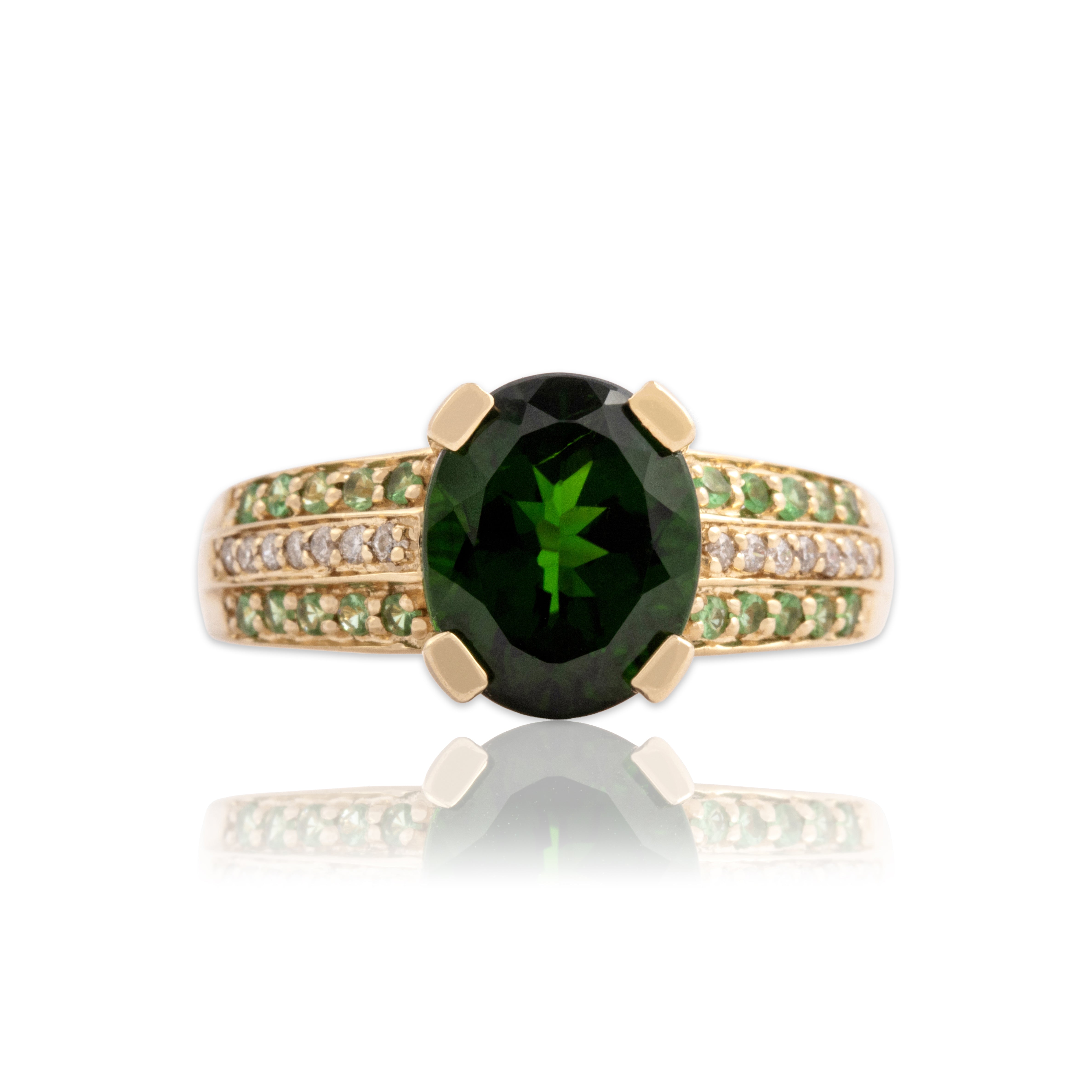 Vintage 14k Yellow Gold 2.82ct Chrome Diopside Green Garnet Diamond Striking Vibrant Oval Ring - Close-up view