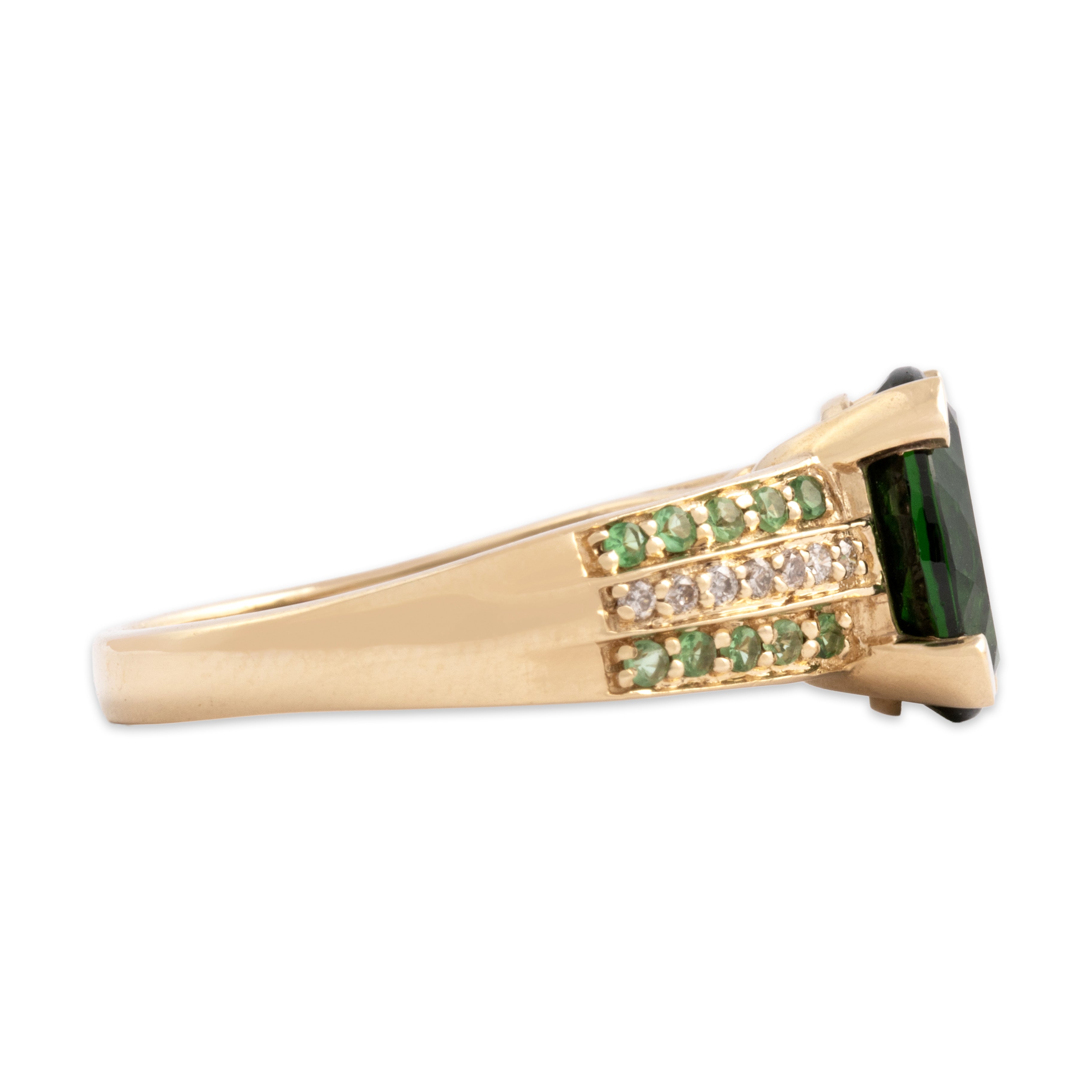 Vintage 14k Yellow Gold 2.82ct Chrome Diopside Green Garnet Diamond Striking Vibrant Oval Ring - Side view