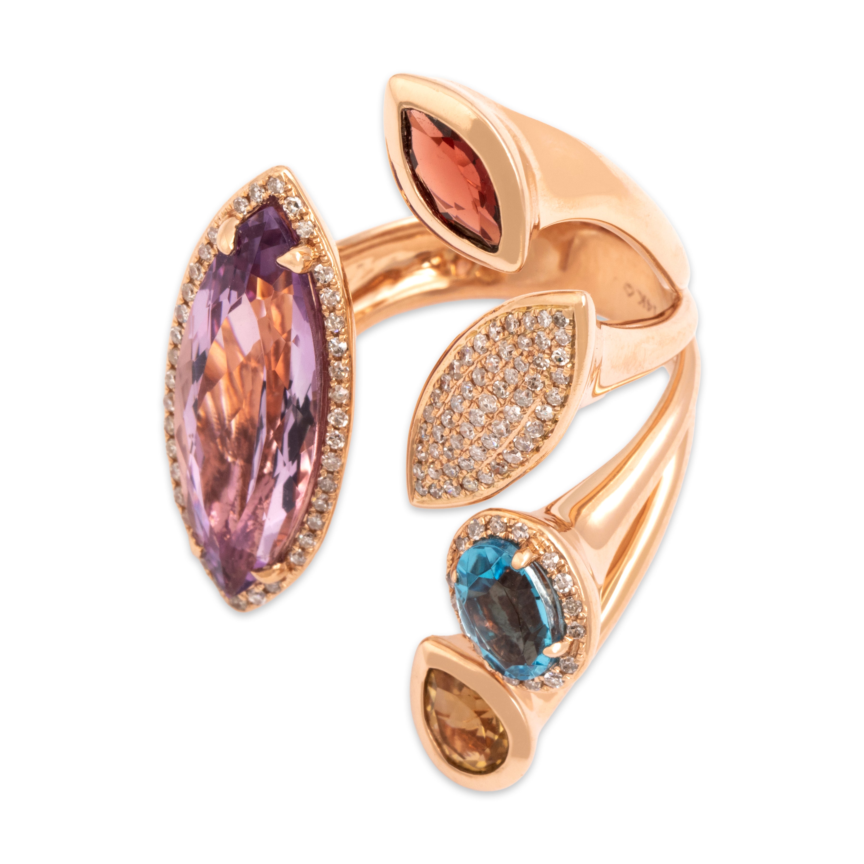 Estate Substantial 14k Rose Gold 4.15ct Amethyst .57ct Blue Topaz .52ct Garnet Citrine Diamond Playful Multi-Cut Cluster Open Cocktail Ring - Overall view