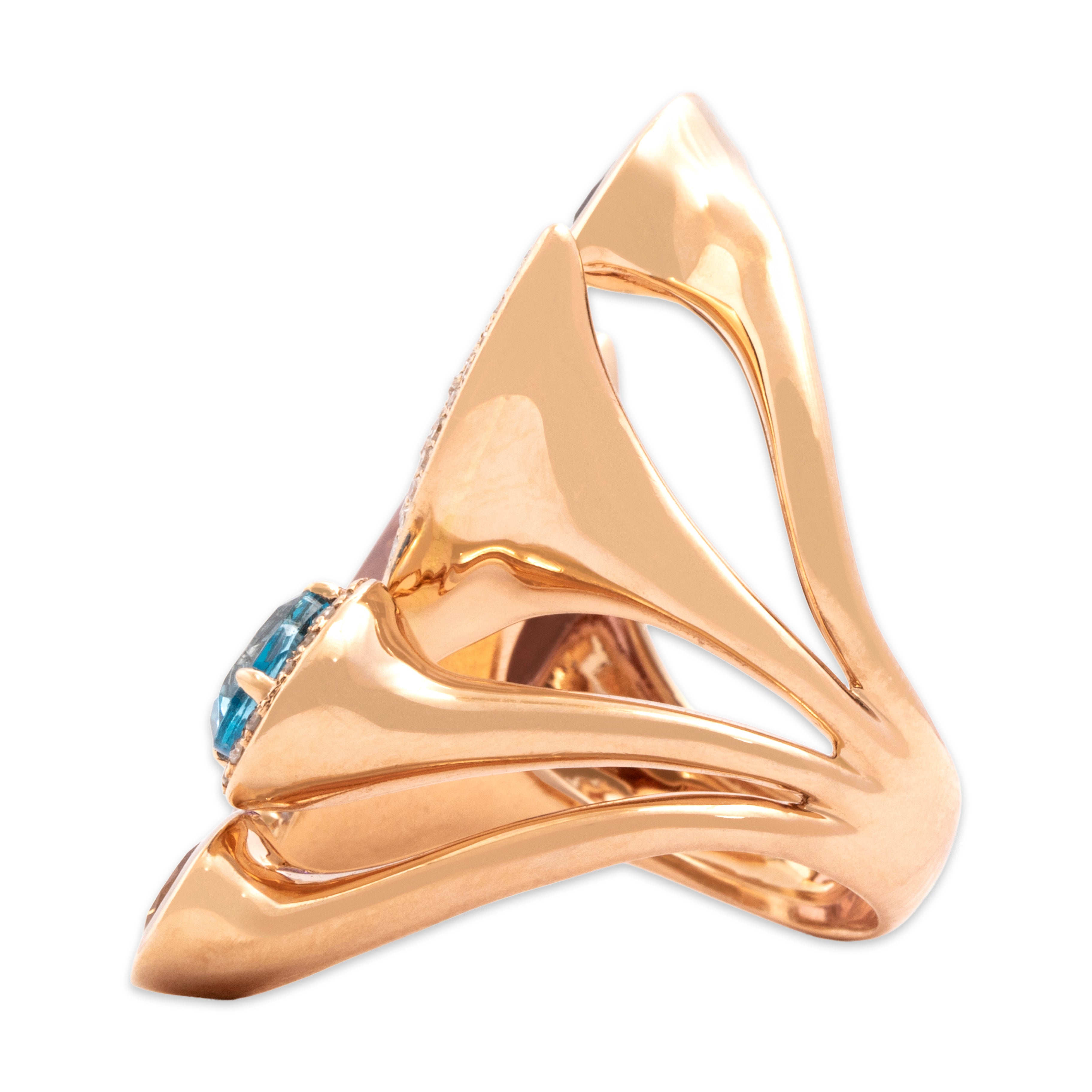 Estate Substantial 14k Rose Gold 4.15ct Amethyst .57ct Blue Topaz .52ct Garnet Citrine Diamond Playful Multi-Cut Cluster Open Cocktail Ring - Side view