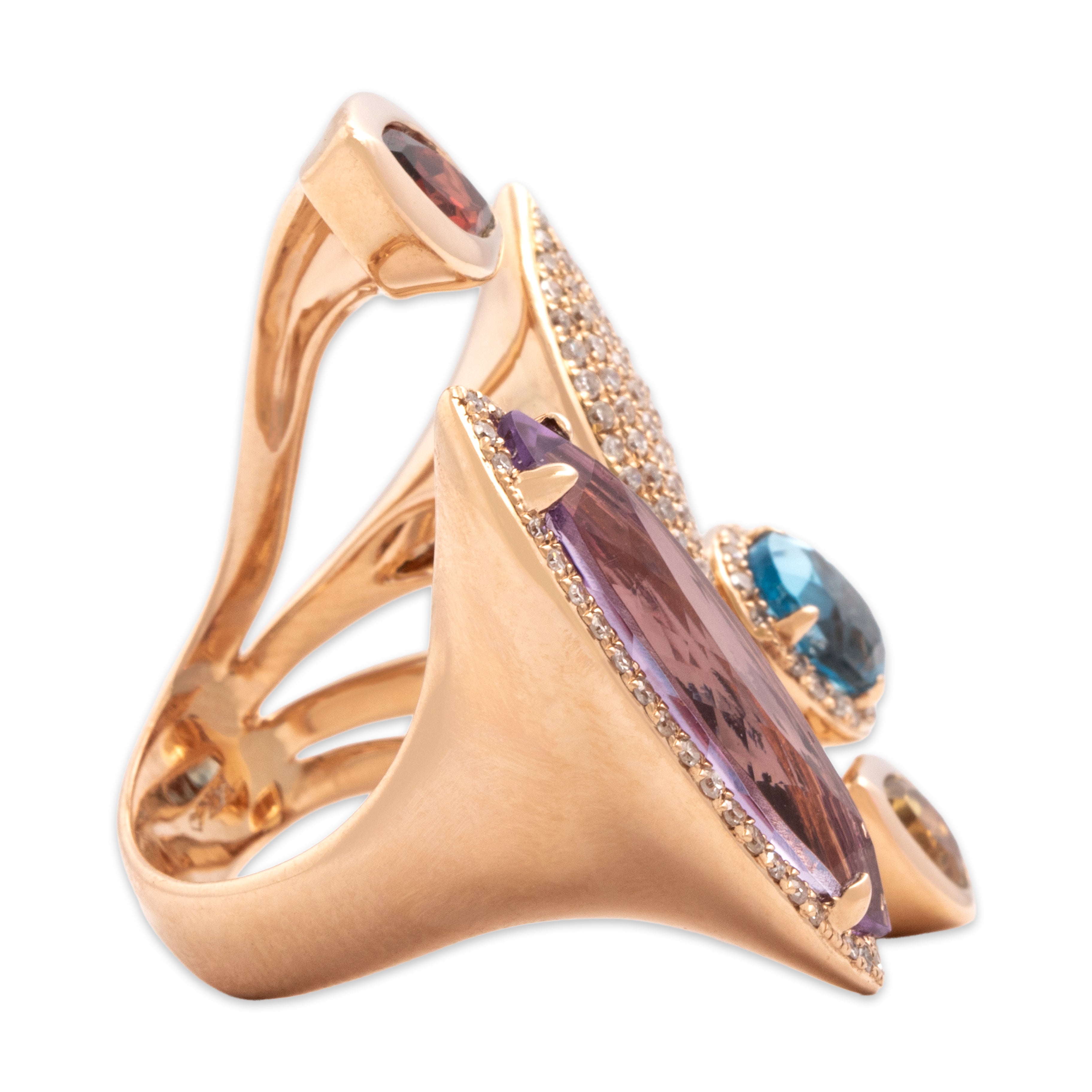 Estate Substantial 14k Rose Gold 4.15ct Amethyst .57ct Blue Topaz .52ct Garnet Citrine Diamond Playful Multi-Cut Cluster Open Cocktail Ring - Side view