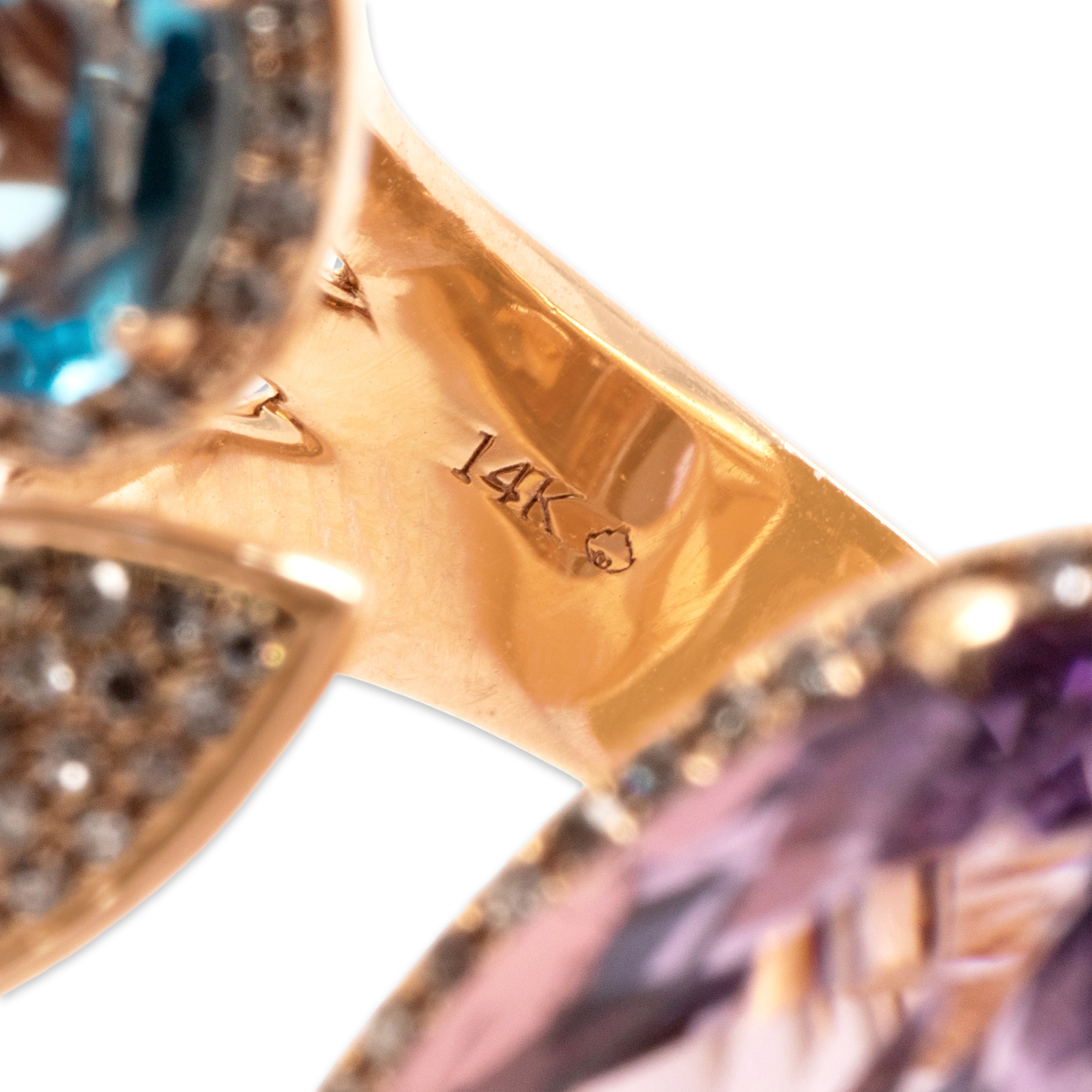 Estate Substantial 14k Rose Gold 4.15ct Amethyst .57ct Blue Topaz .52ct Garnet Citrine Diamond Playful Multi-Cut Cluster Open Cocktail Ring - Hallmark view