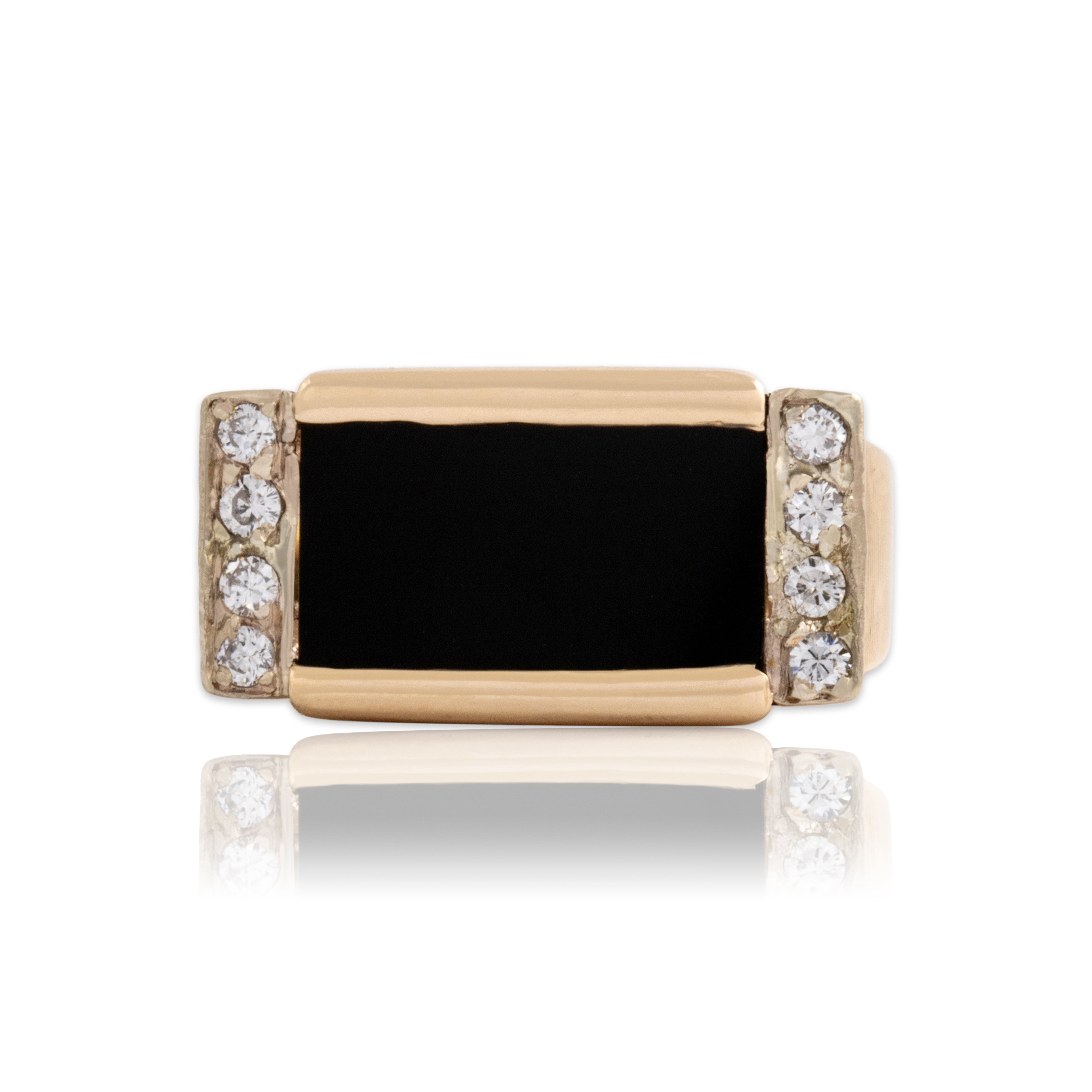 Vintage 14k Yellow Gold 1.96ct Onyx Diamond Striking Textured Sparkling Bar Ring - Close-up view