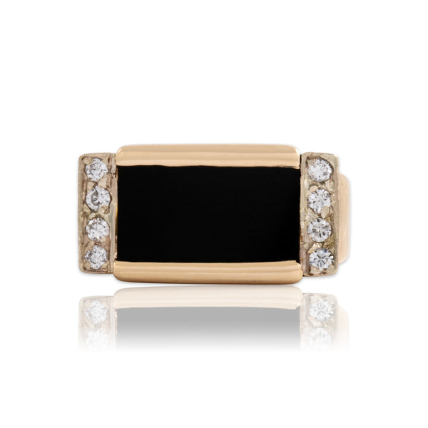 Vintage 14k Yellow Gold 1.96ct Onyx Diamond Striking Textured Sparkling Bar Ring - Close-up view