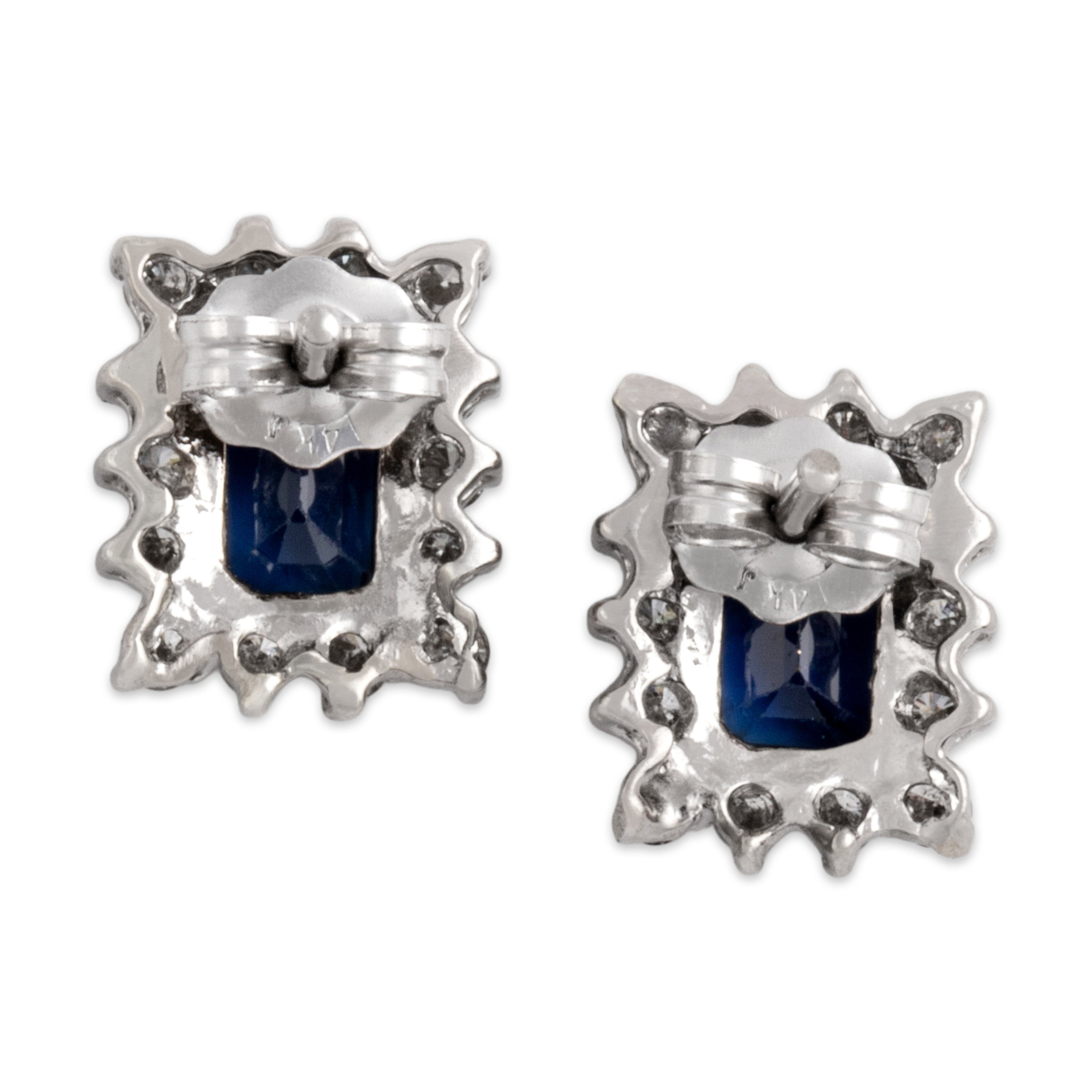 Vintage 14k White Gold 1.2cttw Blue Sapphire Diamond Classic Rectangular Halo Stud Earrings - Back view