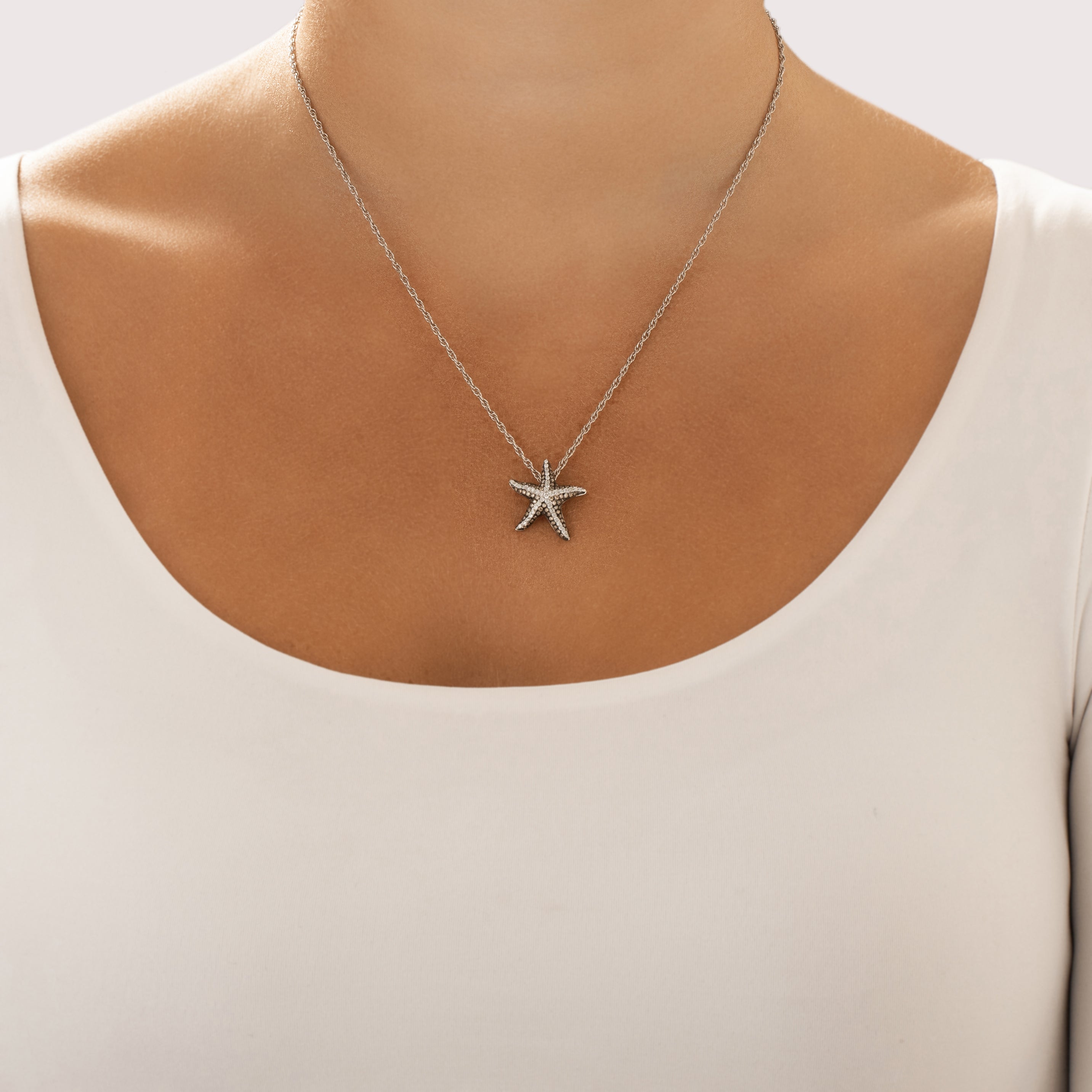 Vintage 14k White Gold Champagne Diamond White Diamond Glittering Ocean Starfish Slide Pendant - On model view