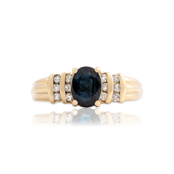 Vintage 14k Yellow Gold .84ct Sapphire Diamond Ribbed Channel Shoulder Ring 7.00