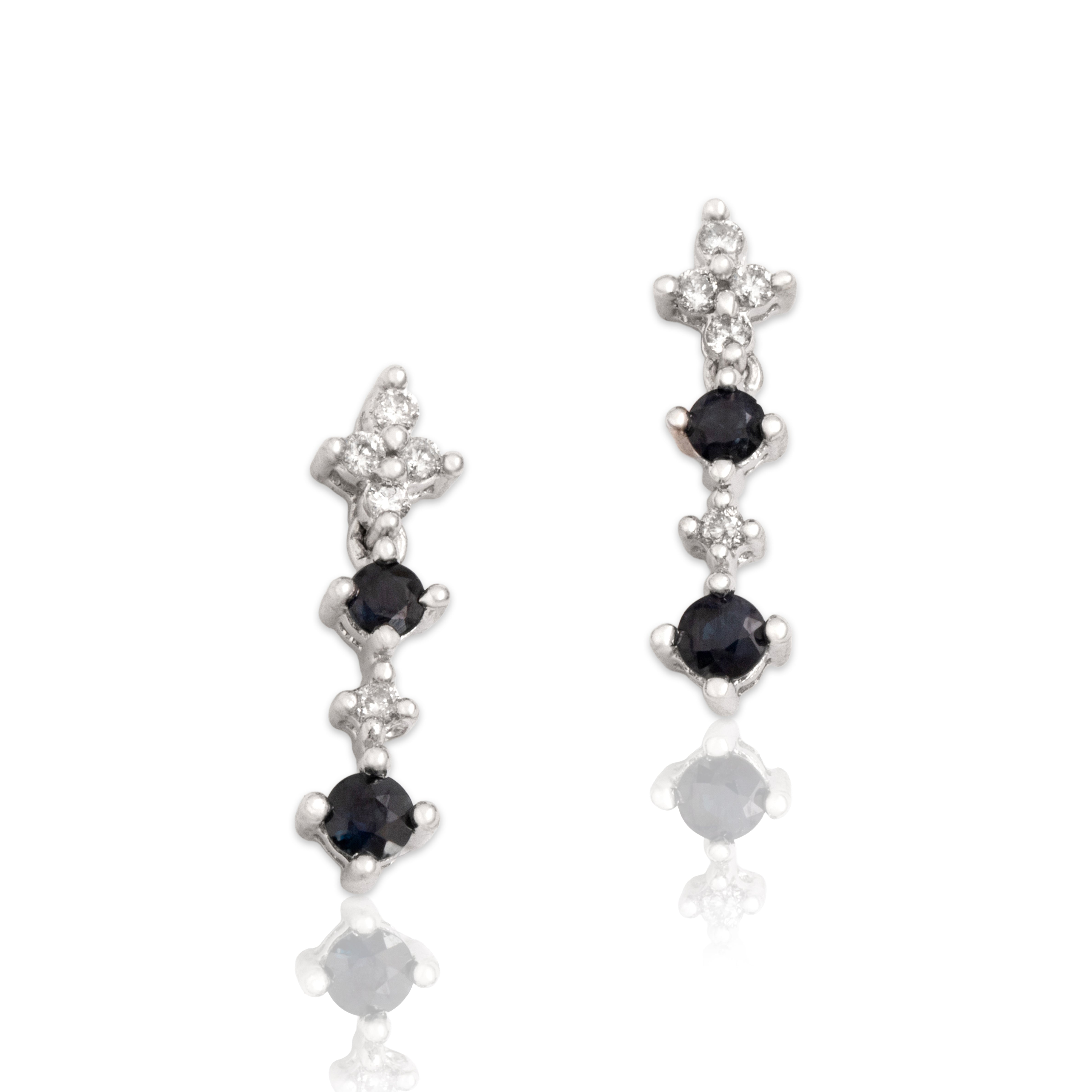 Vintage 14k White Gold Blue Sapphire Diamond Dazzling Shooting Star Dangle Earrings- Close-up view