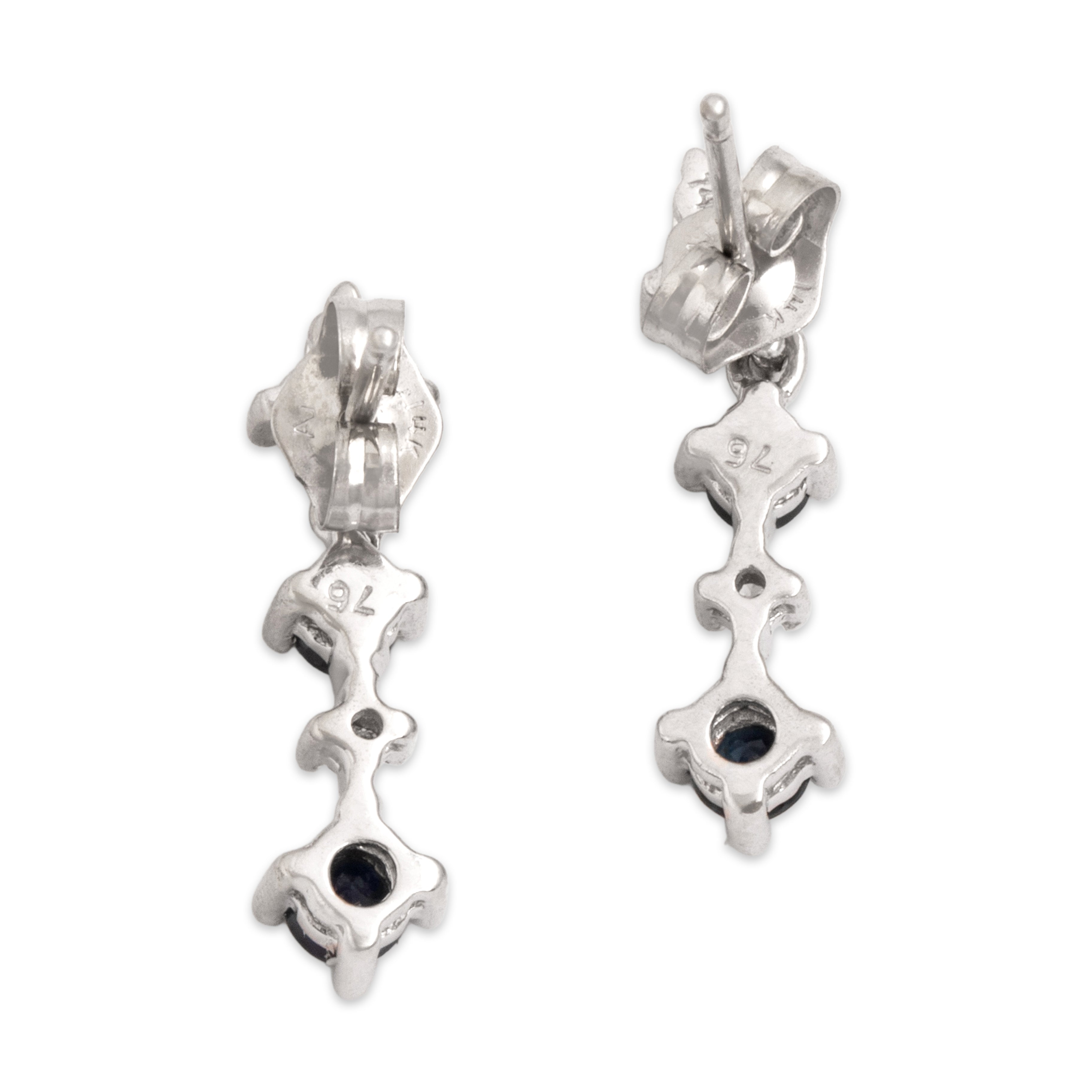 Vintage 14k White Gold Blue Sapphire Diamond Dazzling Shooting Star Dangle Earrings - Back view