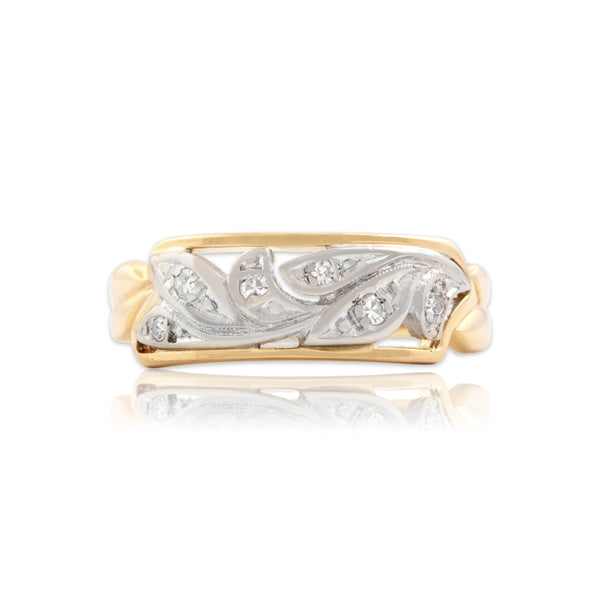 Vintage 14k Yellow & White Gold Diamond Leafy Laurel Bar Band Ring 7.50