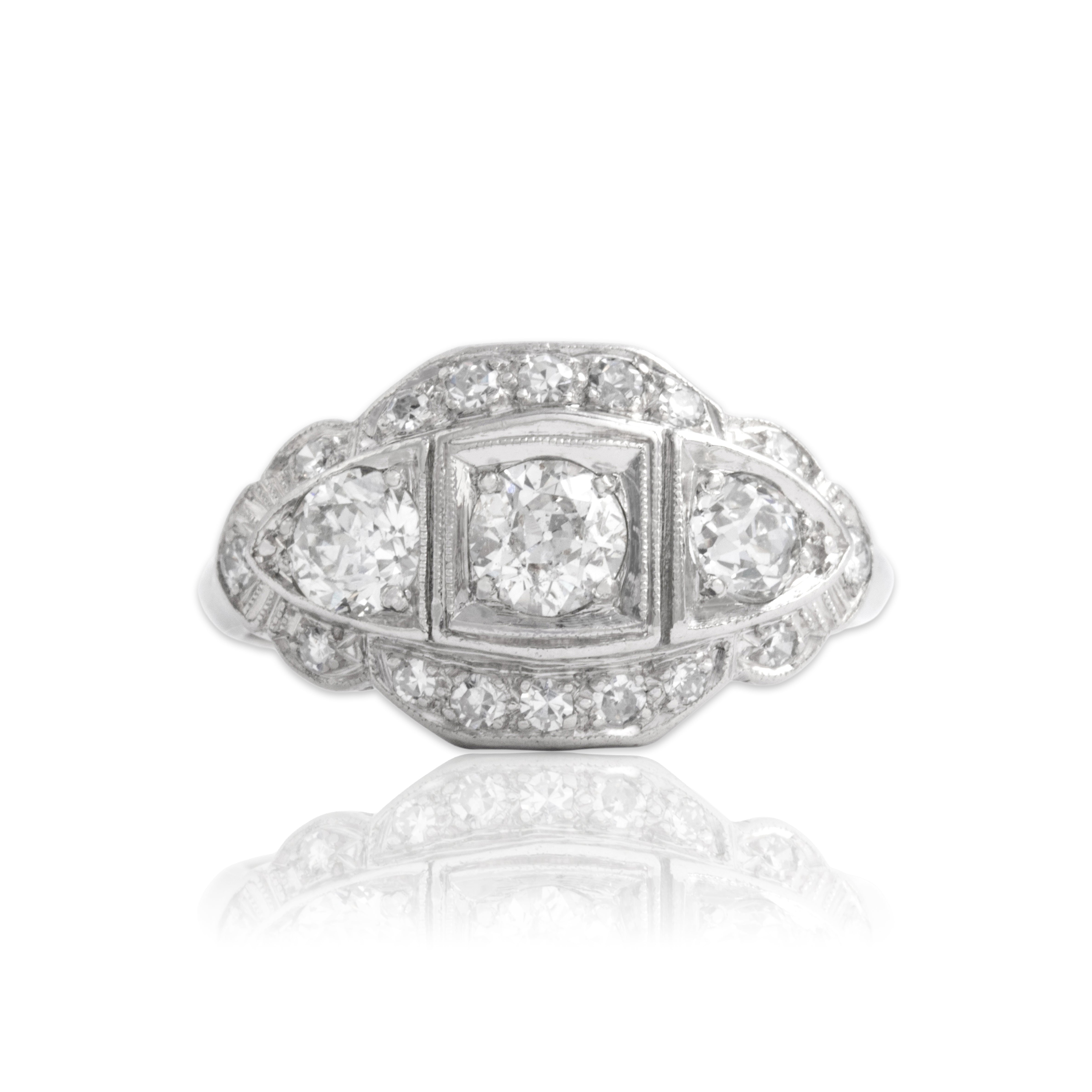 Antique Art Deco Platinum .89cttw Old European Old Mine Cut Diamond Striking Geometric Milgrain Ring - Close-up view