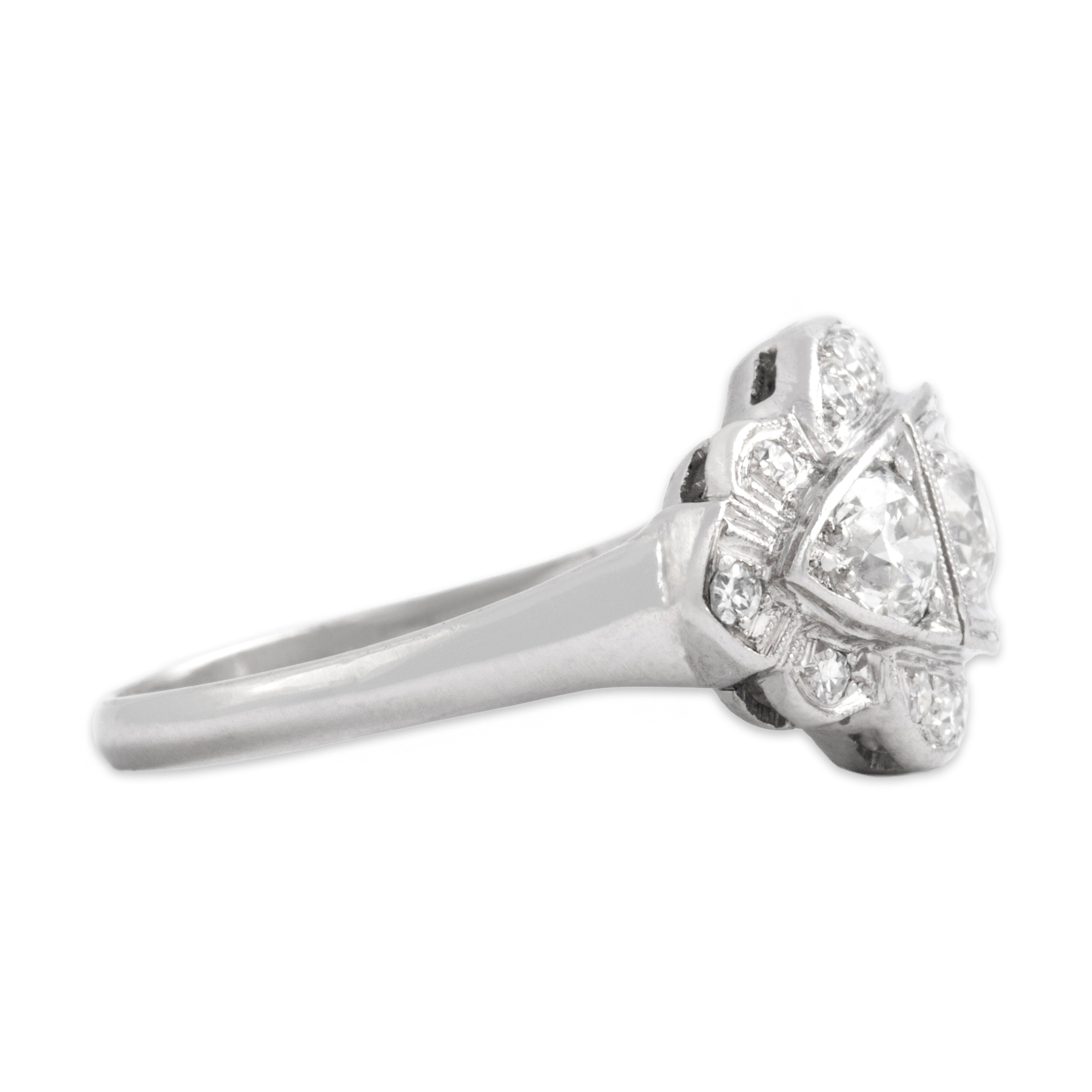 Antique Art Deco Platinum .89cttw Old European Old Mine Cut Diamond Striking Geometric Milgrain Ring - Side view