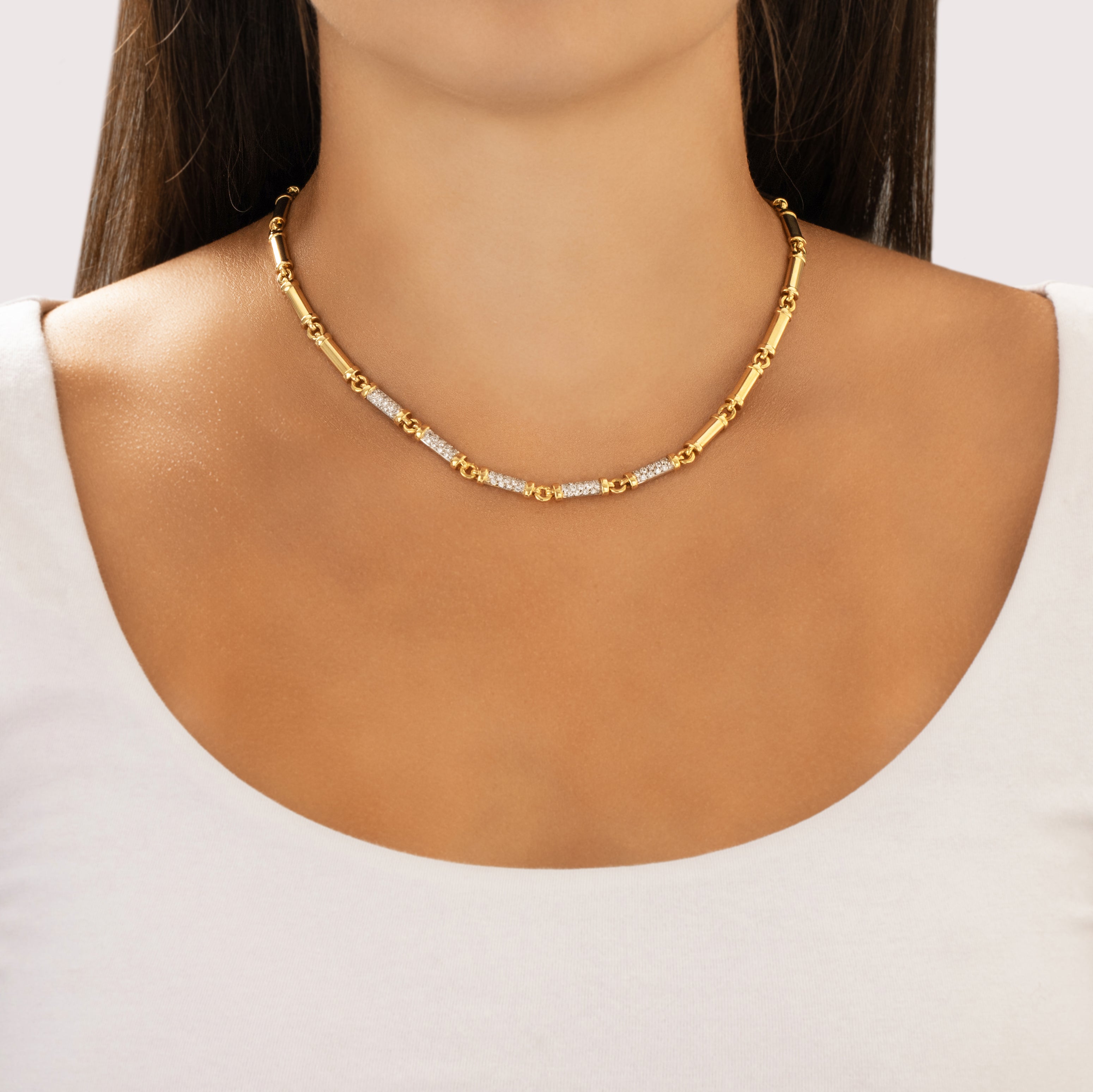 Vintage 18k Yellow & White Gold .53cttw Diamond Sparkling Statement Bar Link Necklace - On model view