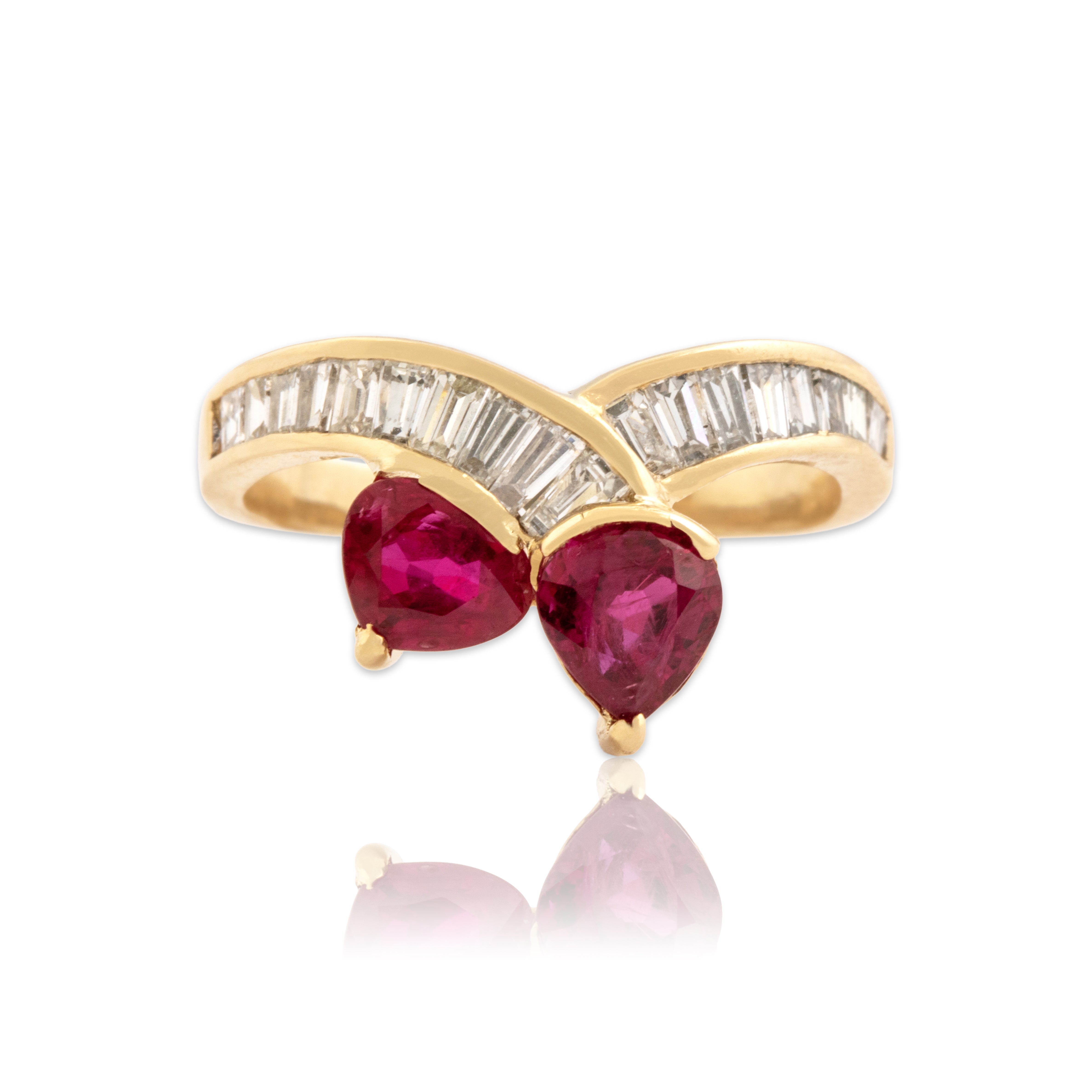 Vintage 18k Yellow Gold 1.52cttw Ruby .91cttw Diamond Hugging Chevron Channel Ring - Close-up view