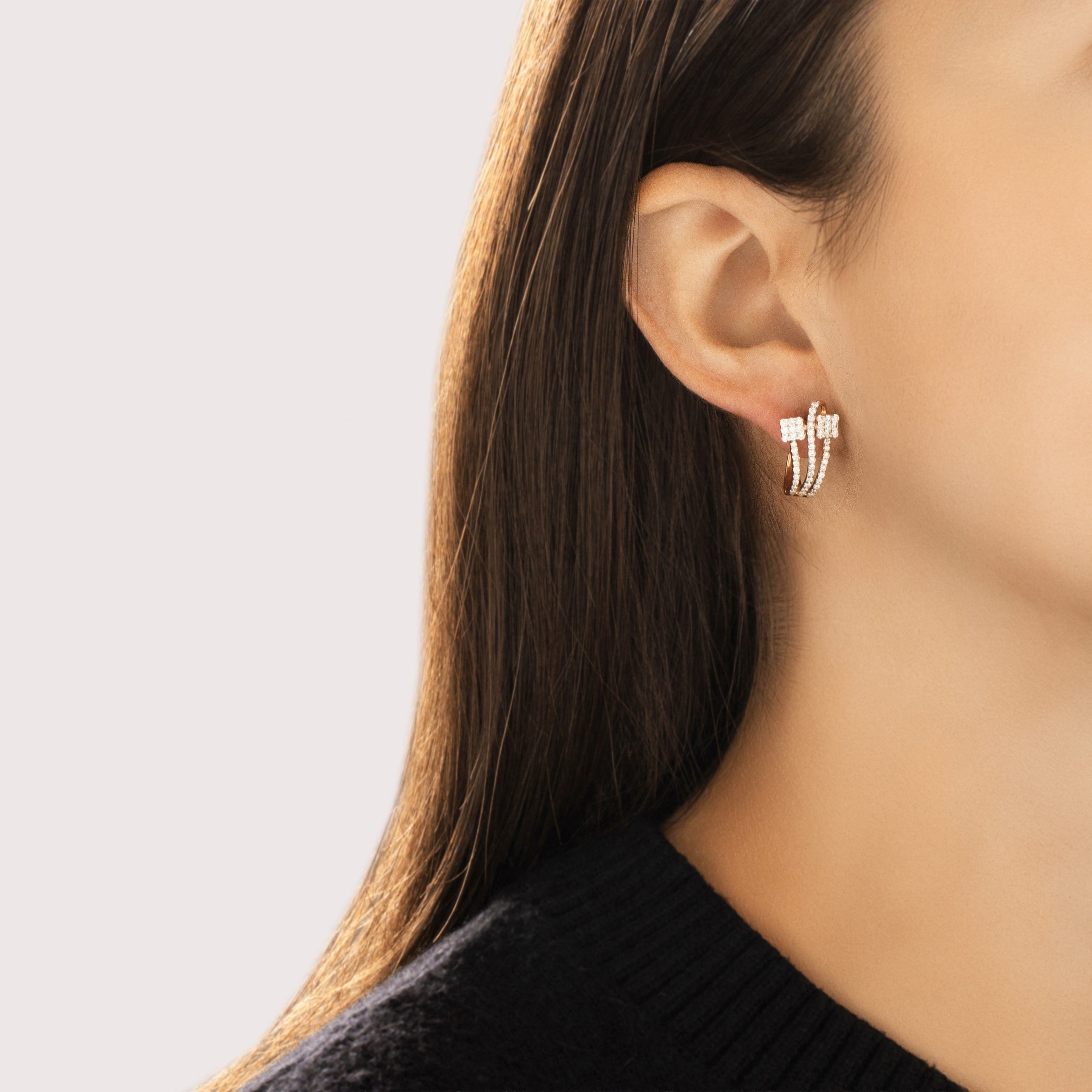 Estate 18k Rose Gold [Custom Carat] Dazzling Artistic Flowing Hoop Earrings - On model view