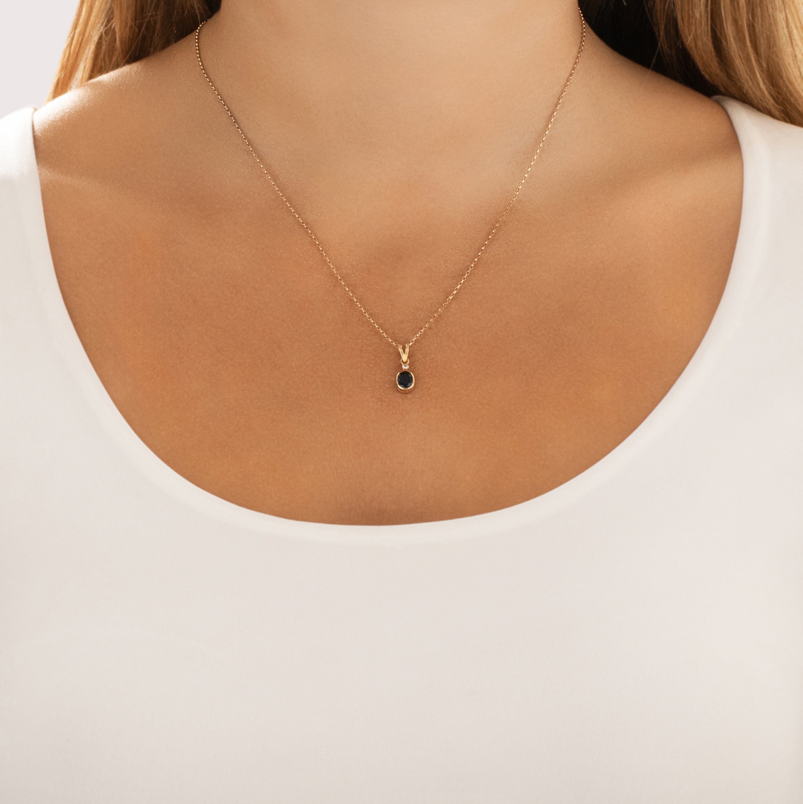 Vintage Small 18k Yellow Gold .65ct Blue Sapphire Diamond Sleek Bezel Duo Pendant - On model view