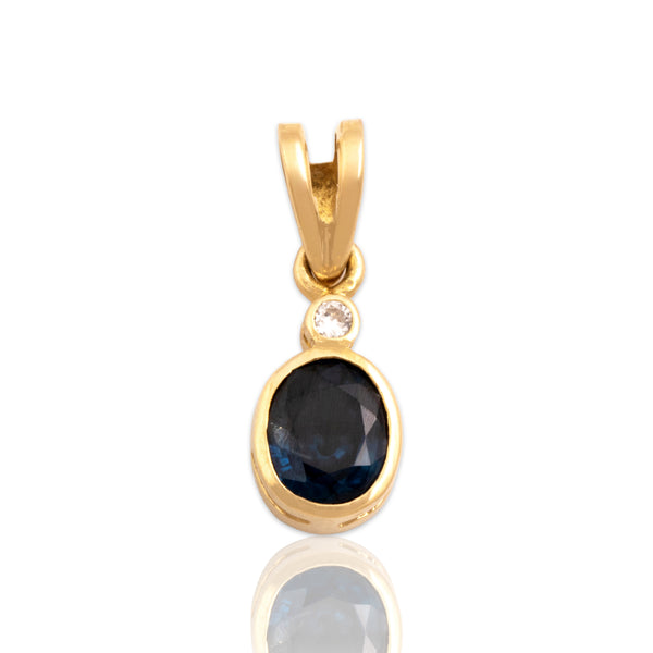 Vintage Small 18k Yellow Gold .65ct Blue Sapphire Diamond Sleek Bezel Pendant