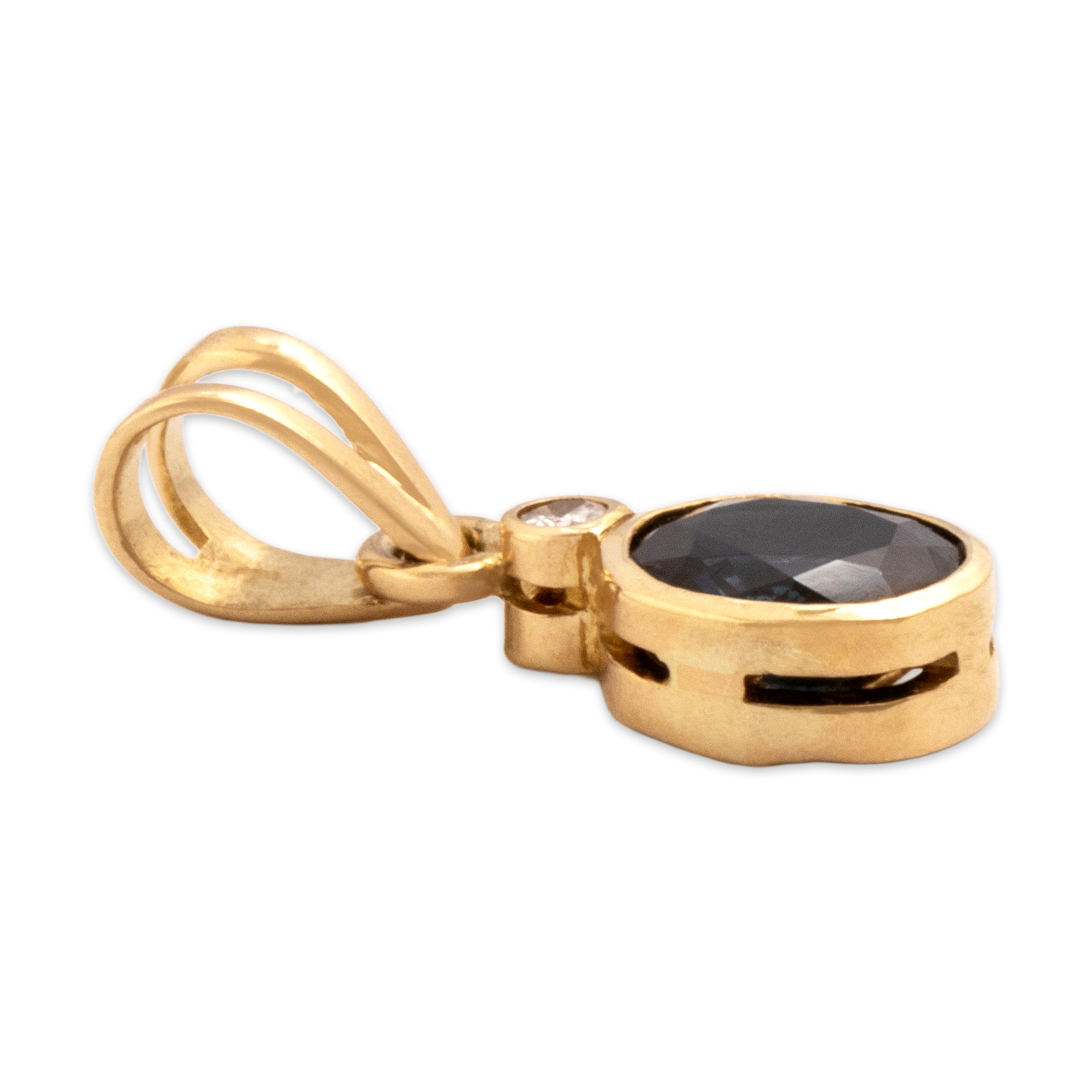 Vintage Small 18k Yellow Gold .65ct Blue Sapphire Diamond Sleek Bezel Duo Pendant - Side view