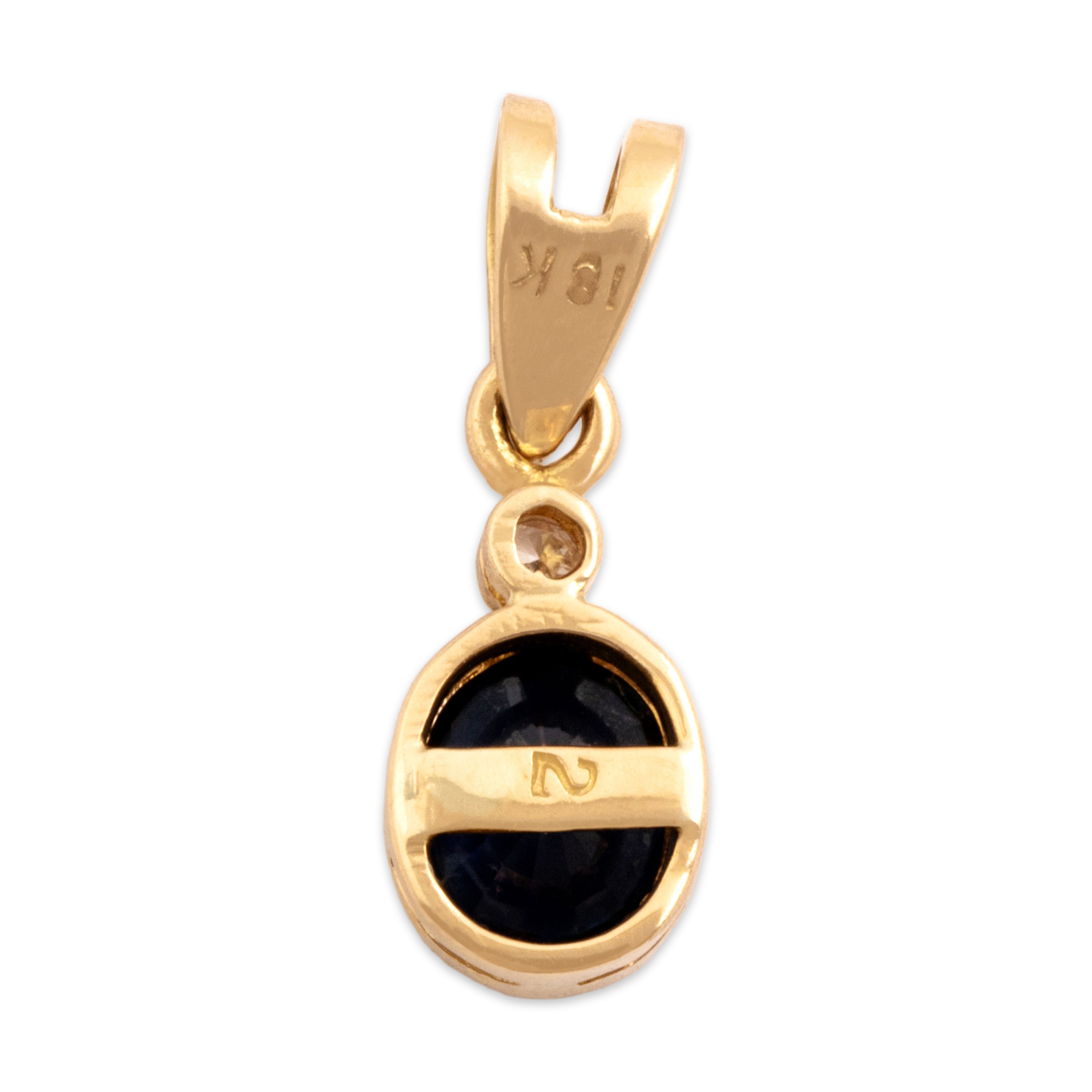 Vintage Small 18k Yellow Gold .65ct Blue Sapphire Diamond Sleek Bezel Duo Pendant - Back view