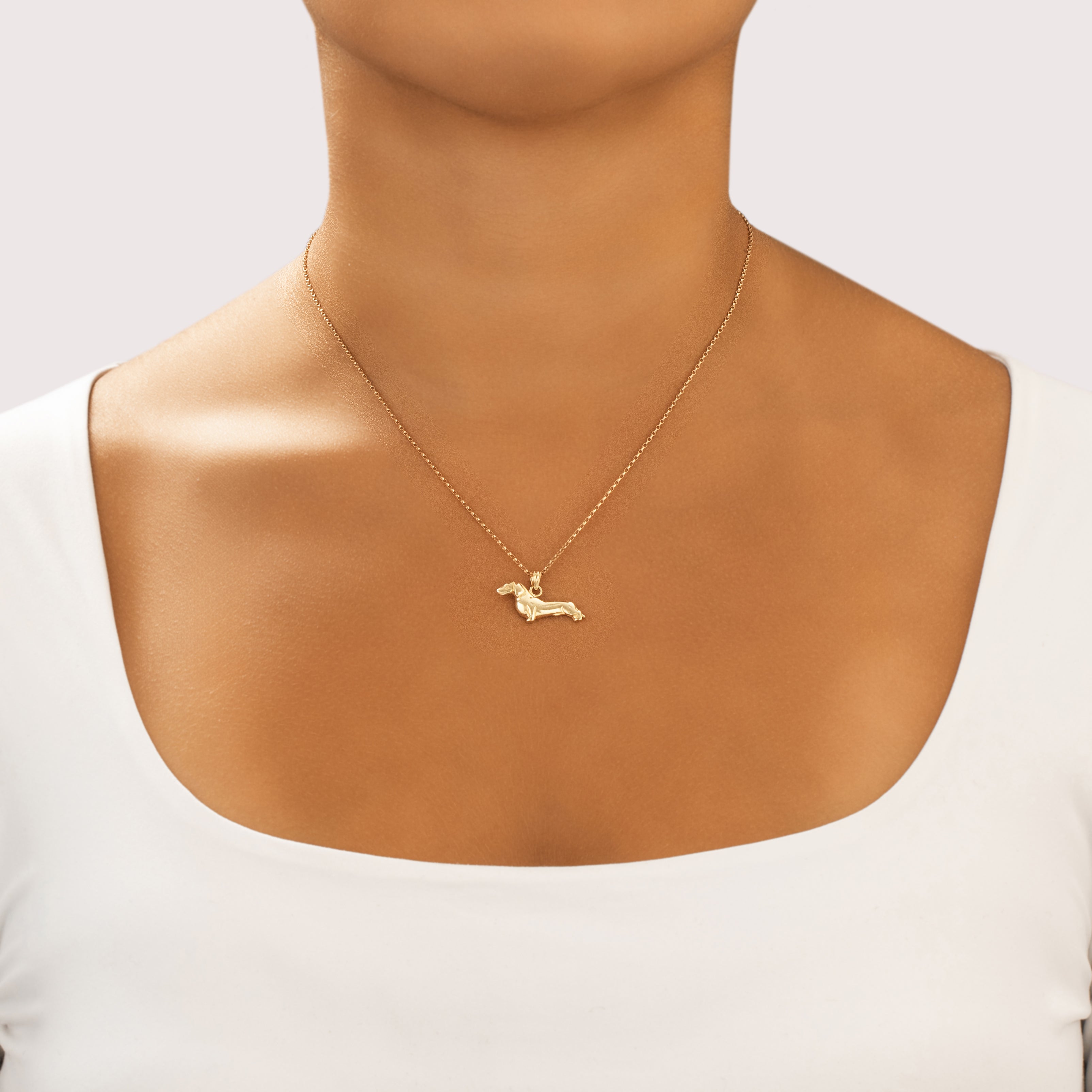 Vintage 14k Yellow Gold Playful Dachshund Dog Pendant - On model view