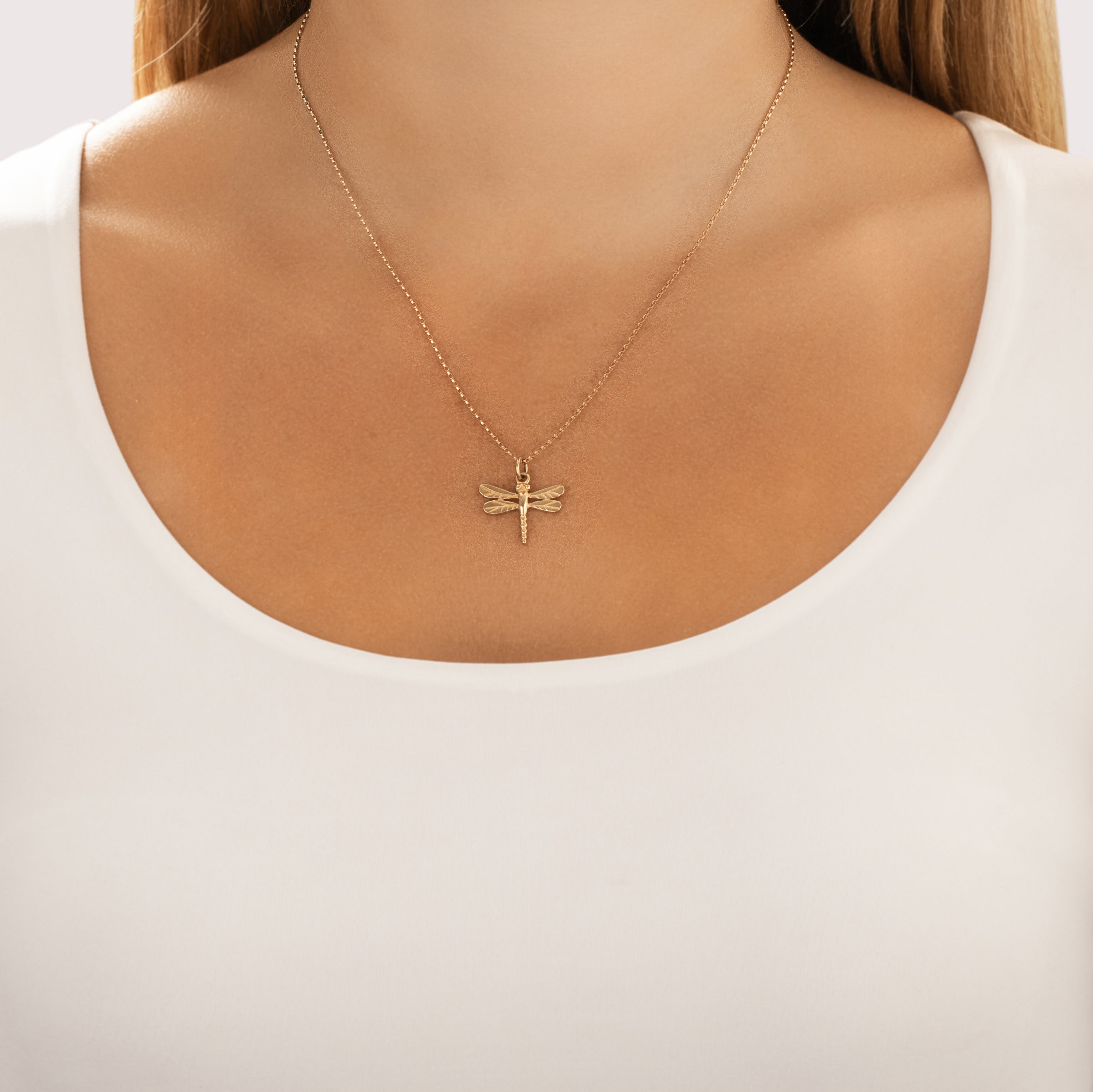 Vintage 14k Yellow Gold Whimsical Dragonfly Charm / Pendant - On model view
