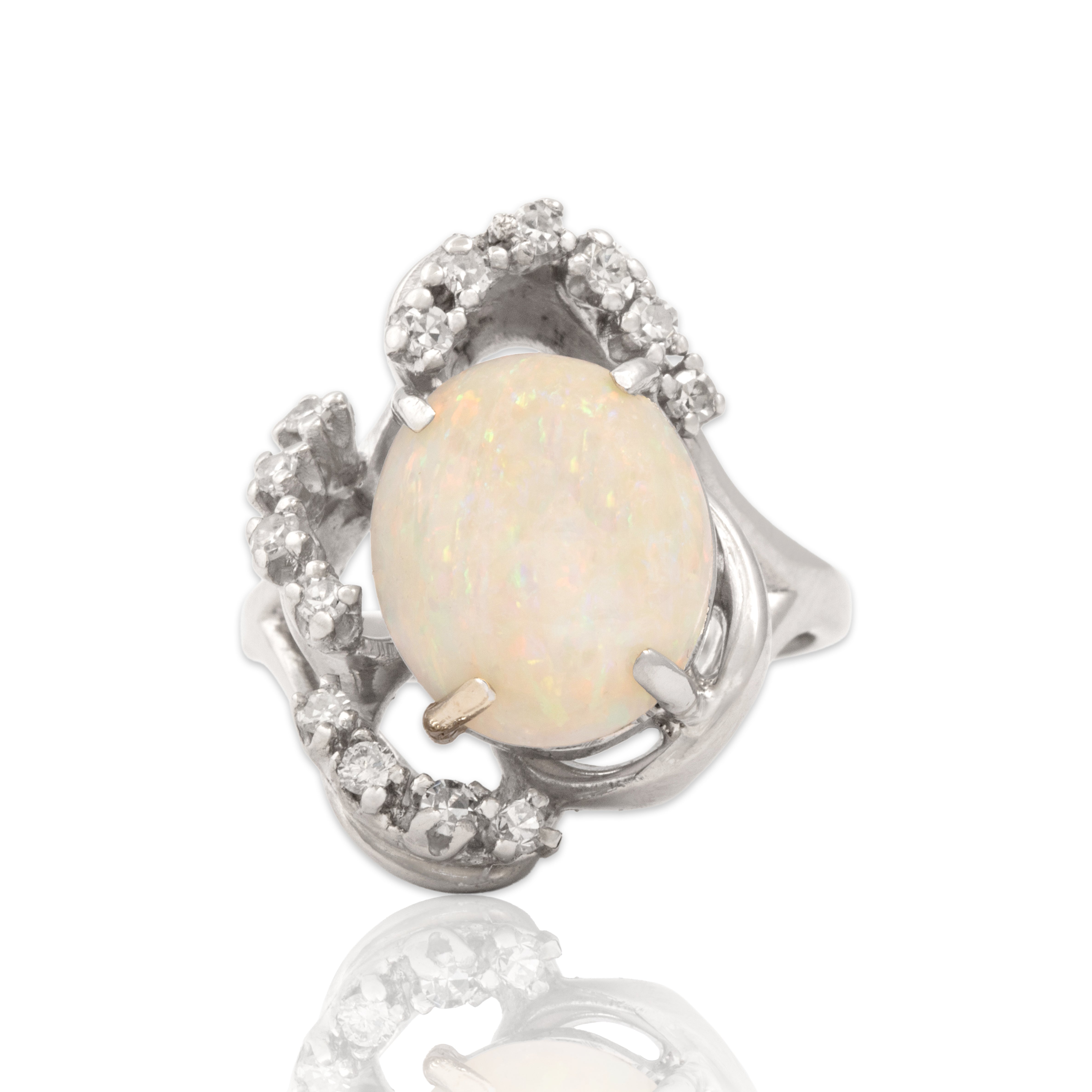 Vintage 14k White Gold 2.84ct Opal Diamond Swirling Asymmetric Elegant Cocktail Ring - Close-up view
