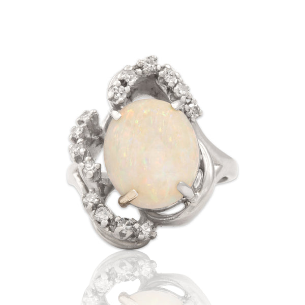 Vintage 14k White Gold 2.84ct Opal Diamond Swirling Asymmetric Cocktail Ring 6.50