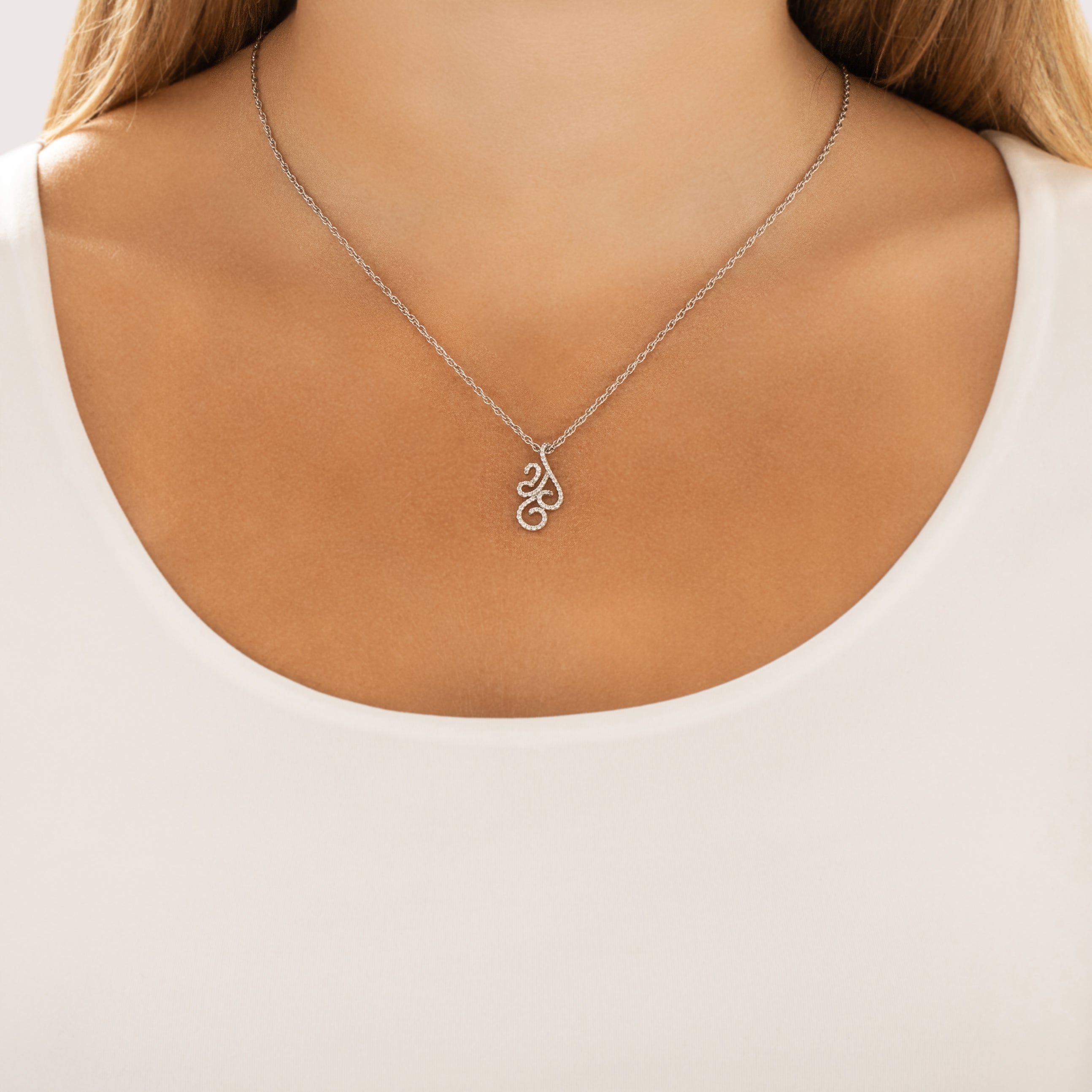 Vintage 14k White Gold Diamond Sparkling Artistic Flourish Slide Pendant - On model view