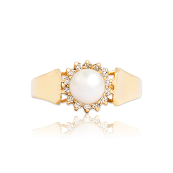 Vintage 14k Yellow Gold Pearl Diamond Luminous Halo Ring 7.75