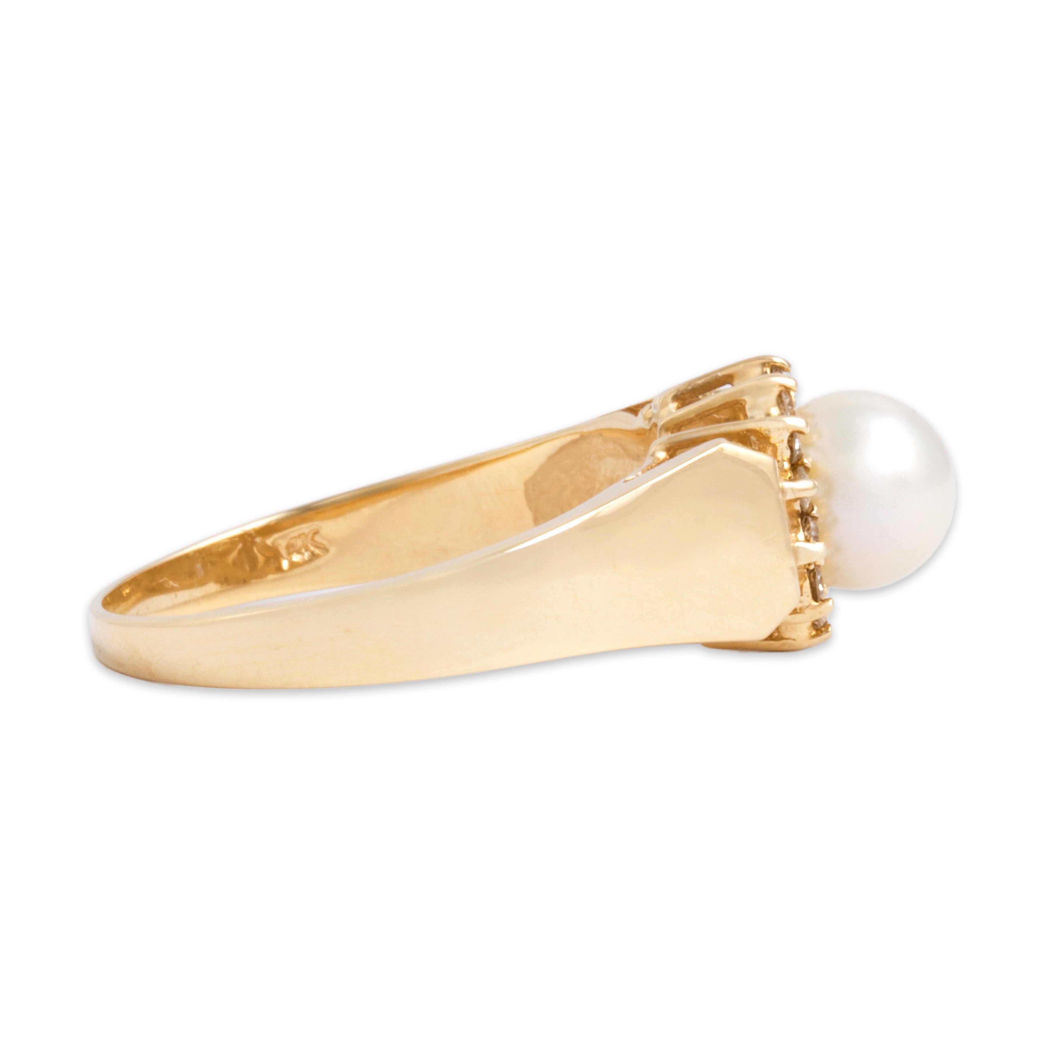 Vintage 14k Yellow Gold Pearl Diamond Luminous Halo Ring - Side view