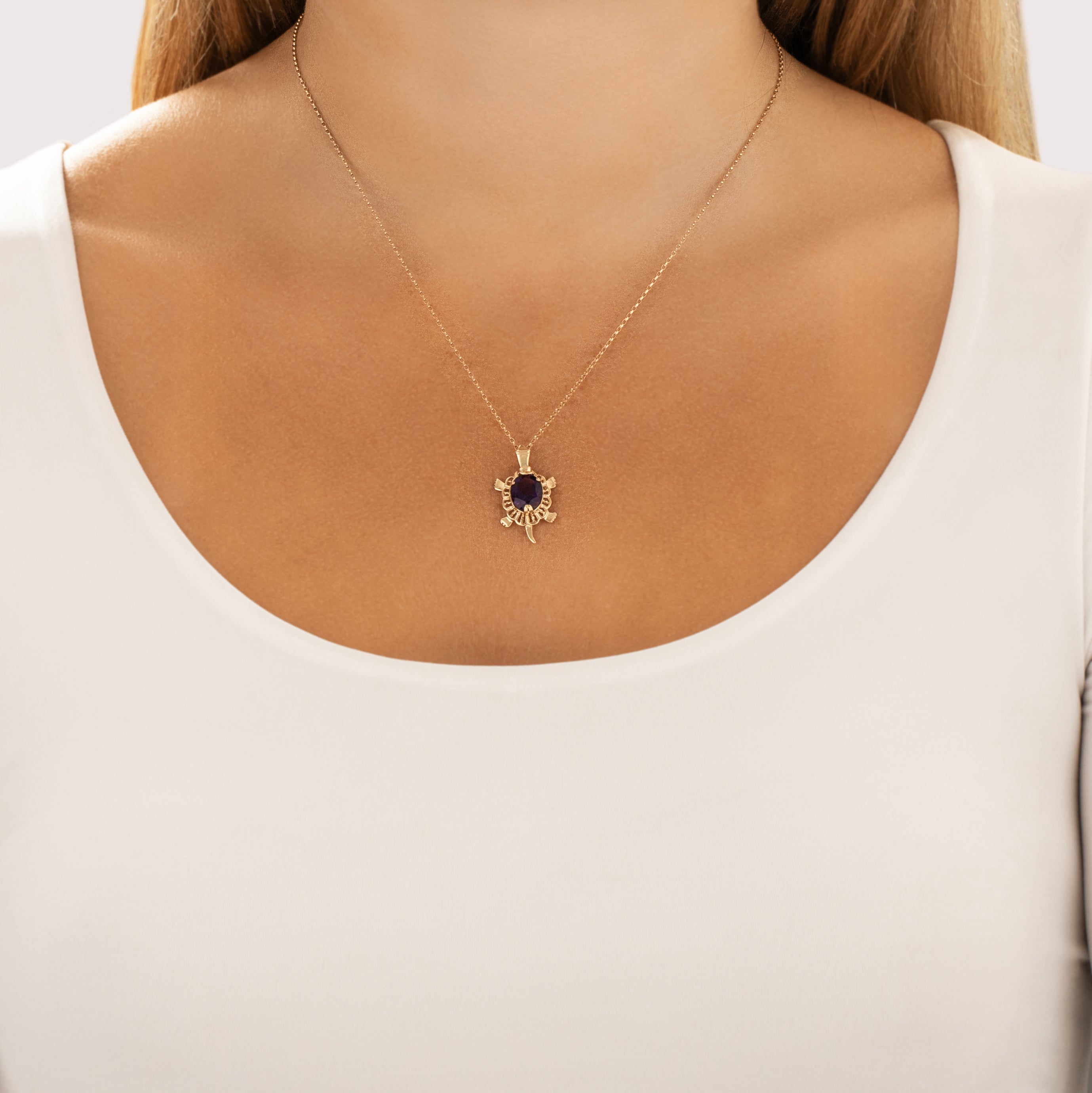 Vintage 14k Yellow Gold 2.29ct Amethyst Friendly Purple Turtle Pendant - On model view