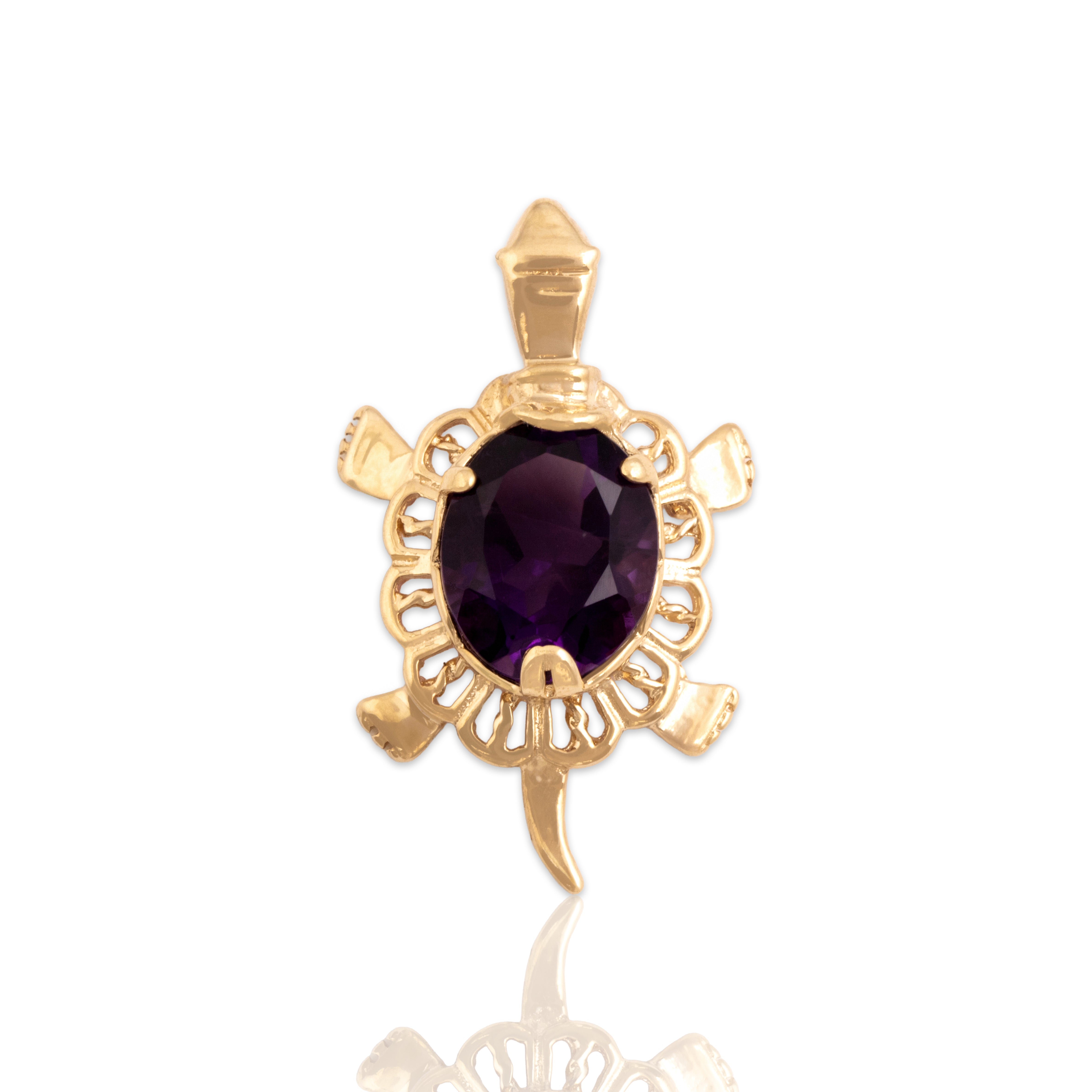 Vintage 14k Yellow Gold 2.29ct Amethyst Friendly Purple Turtle Pendant - Close-up view