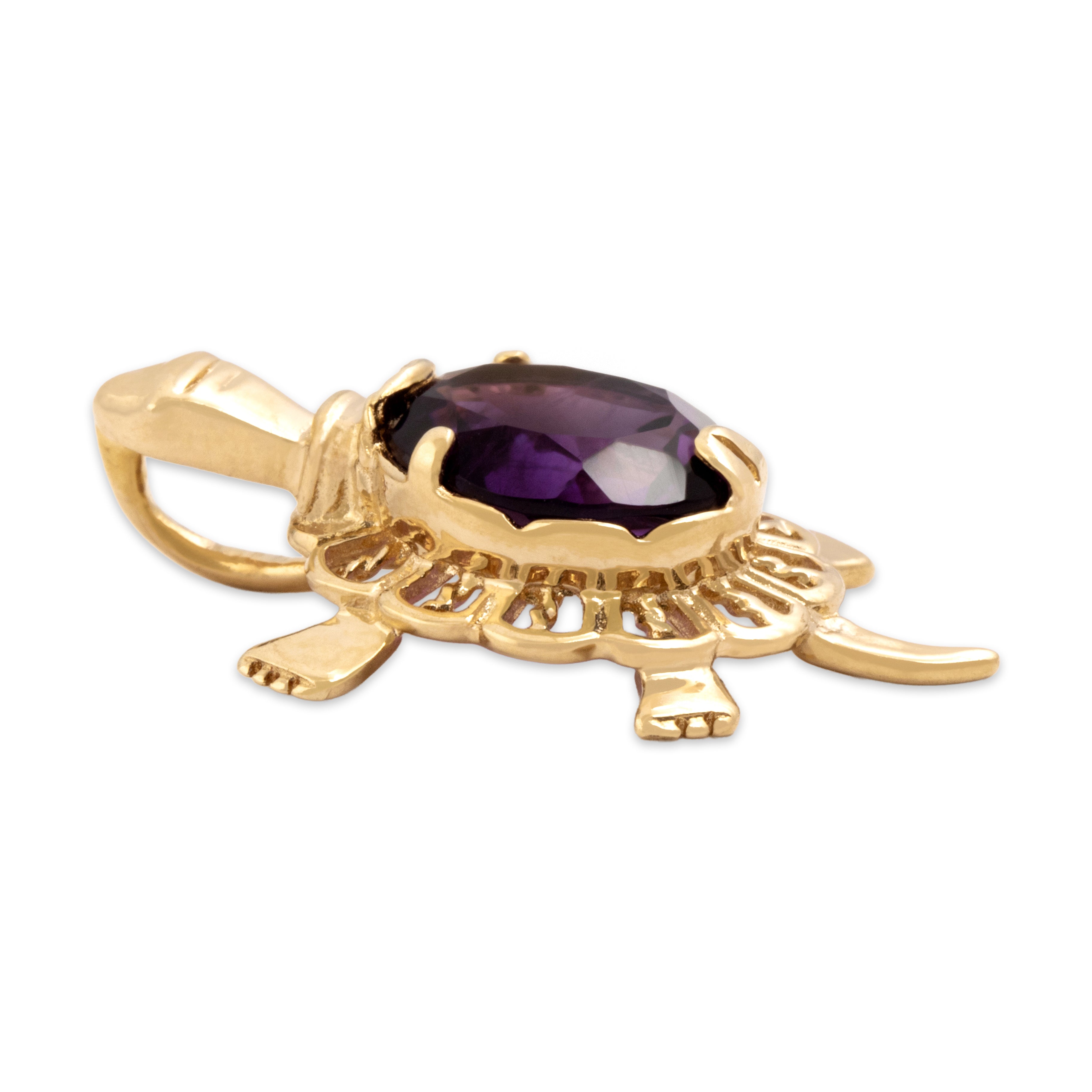 Vintage 14k Yellow Gold 2.29ct Amethyst Friendly Purple Turtle Pendant - Side view