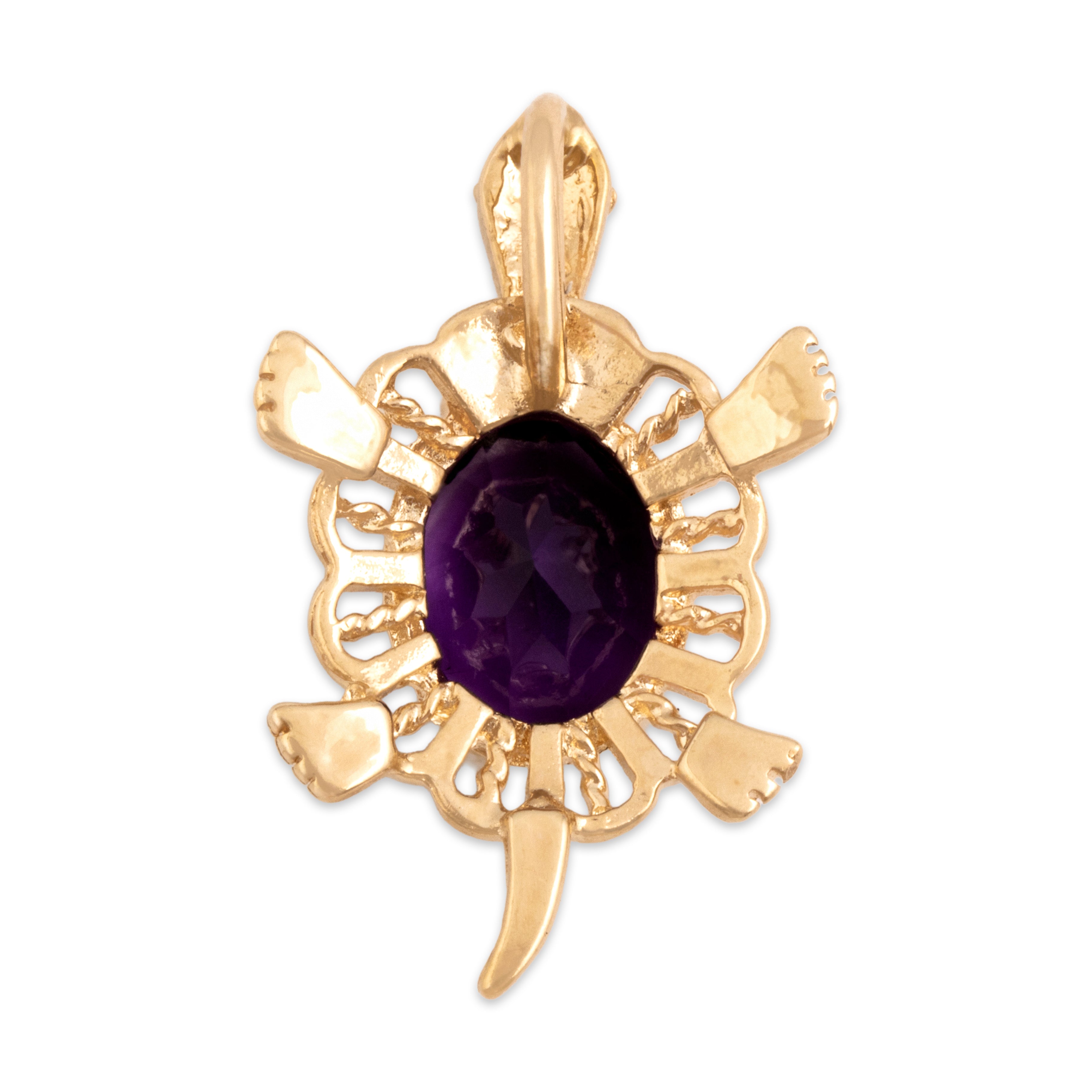 Vintage 14k Yellow Gold 2.29ct Amethyst Friendly Purple Turtle Pendant - Back view