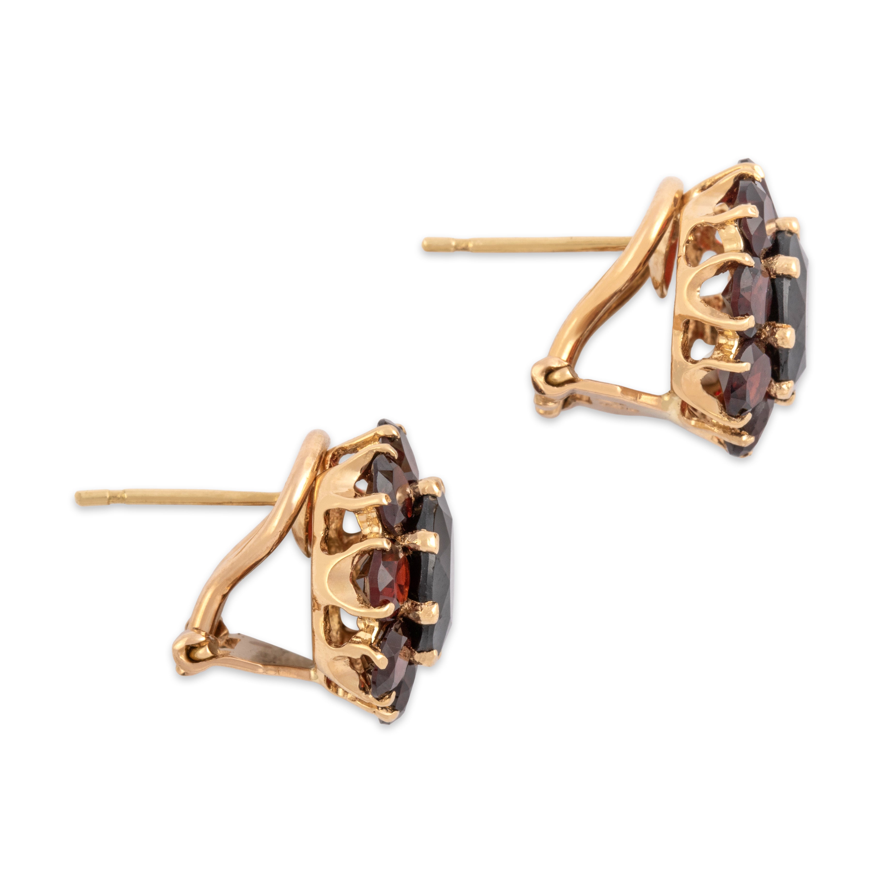 Vintage Italian 18k Yellow Gold 8.82cttw Garnet Flashing Deep Crimson Floral Cluster Omega-Back Earrings - Side view