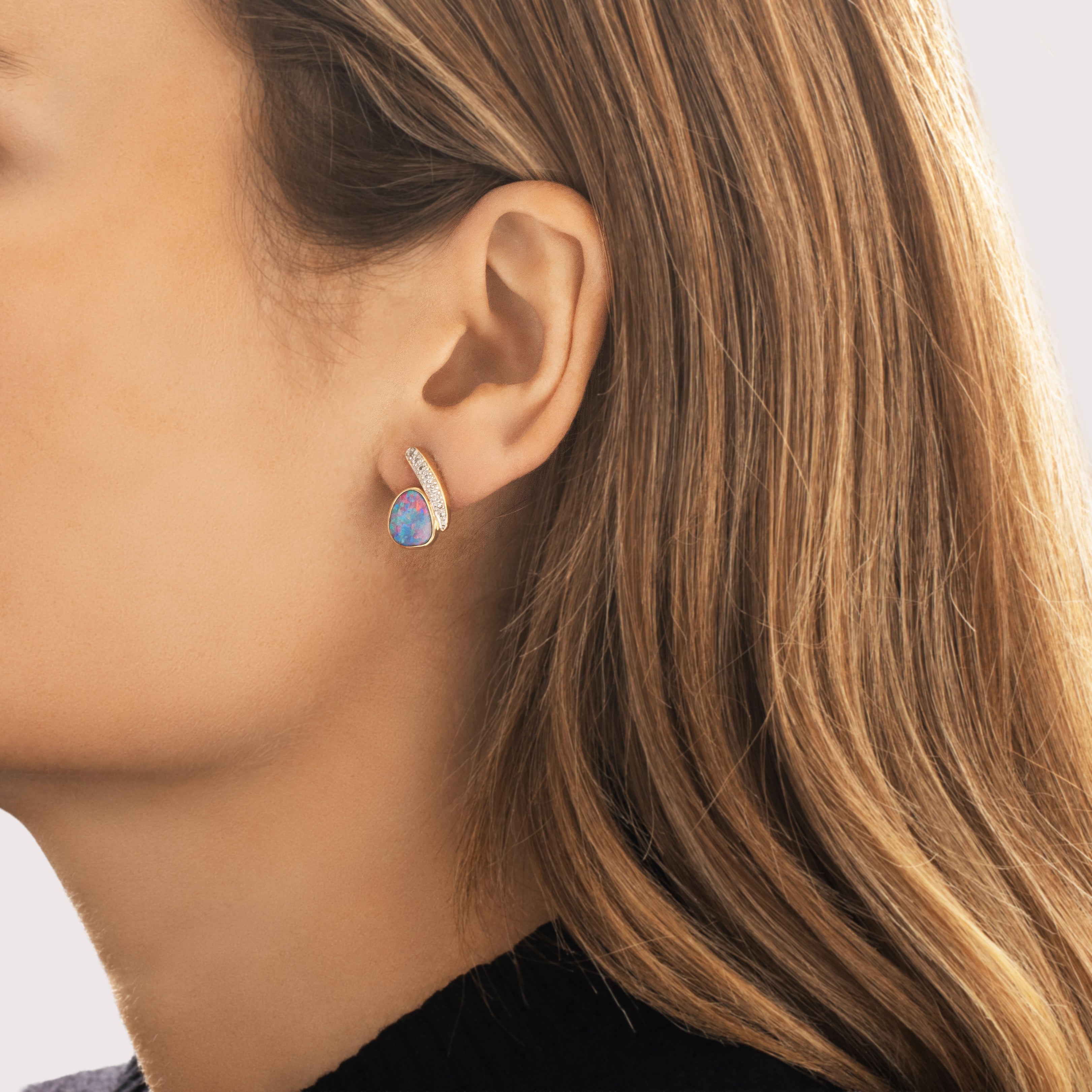 Vintage 14k Yellow Gold Diamond Blue Opal Doublet Asymmetrical Glowing Pebble Stud Drop Earrings - On model view