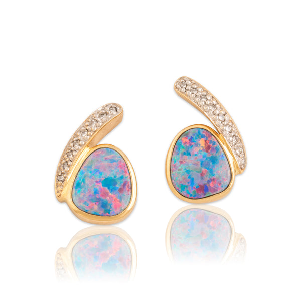 Vintage 14k Yellow Gold Diamond Blue Opal Doublet Asymmetrical Stud Earrings