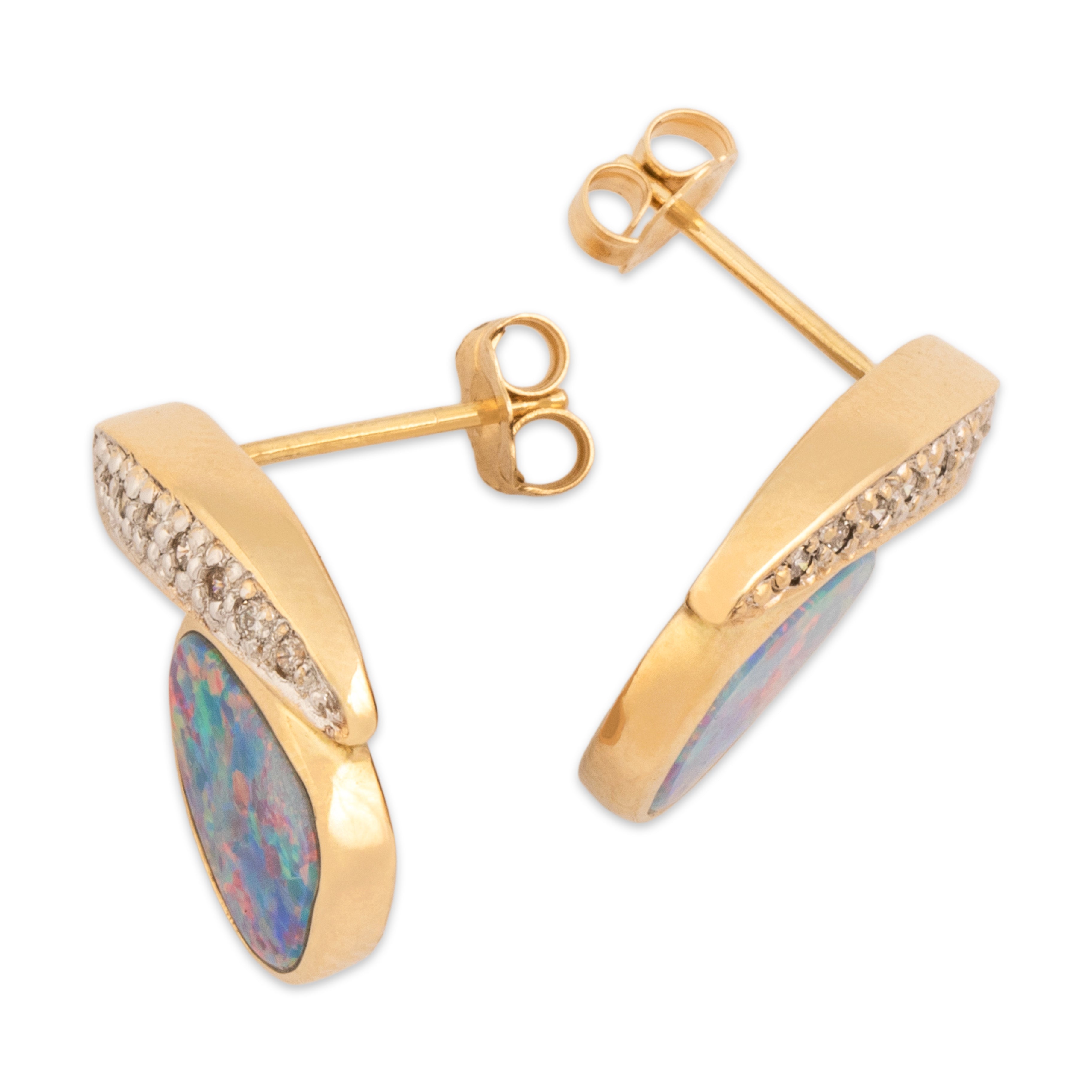 Vintage 14k Yellow Gold Diamond Blue Opal Doublet Asymmetrical Glowing Pebble Stud Drop Earrings - Side view